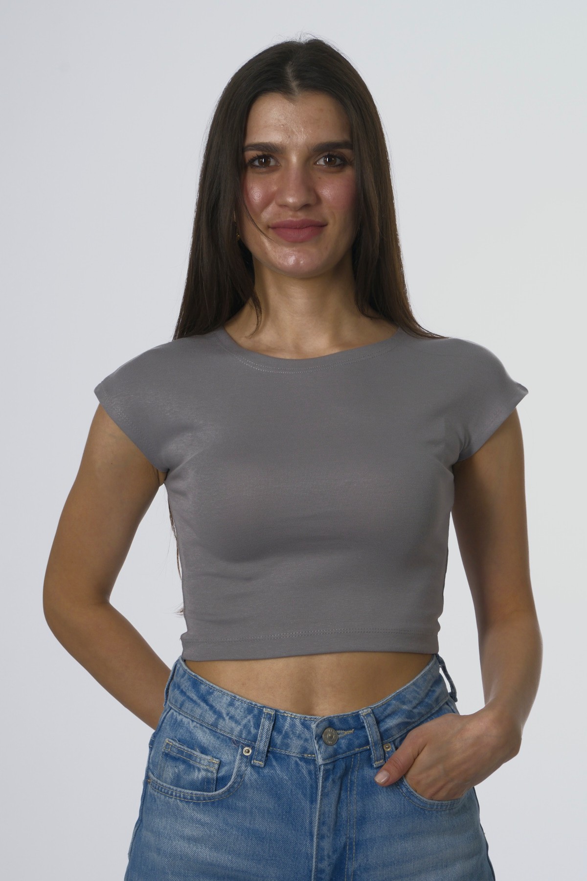 Abbra Kadın Pamuk Modal Karışımlı Crop Top - GRİ