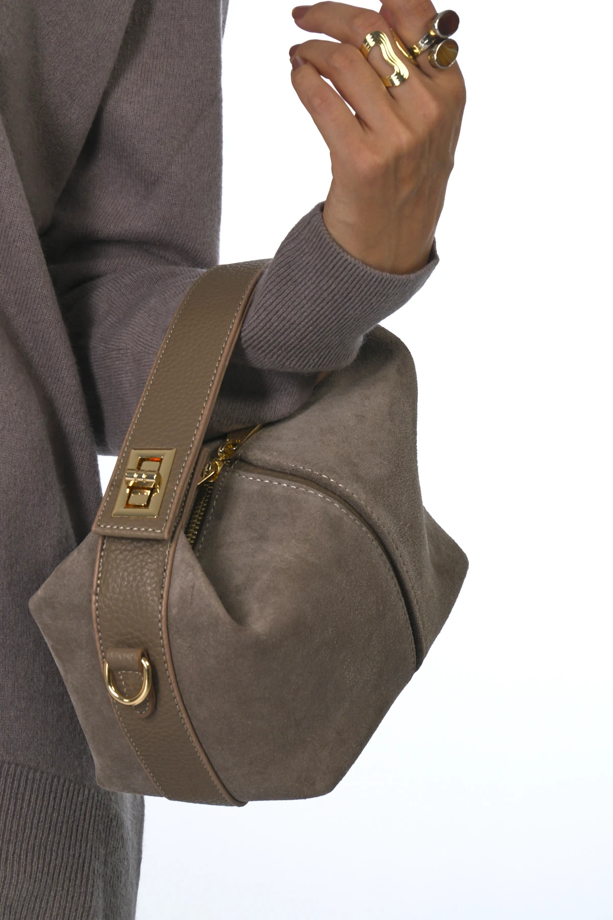 Abbra Kadın Gerçek Süet Deri El Omuz Askılı Astarlı Küçük Çanta - VİZON