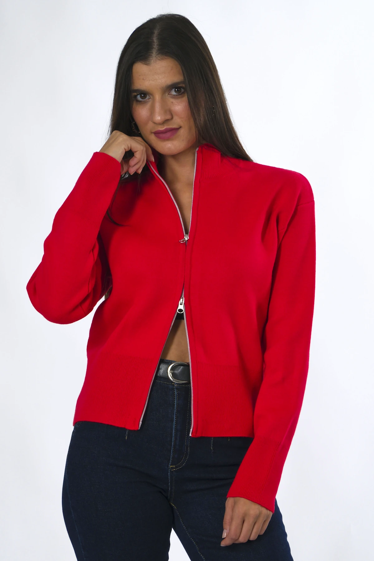 Abbra Kadın Çift Fermuarlı Hırka - KIRMIZI