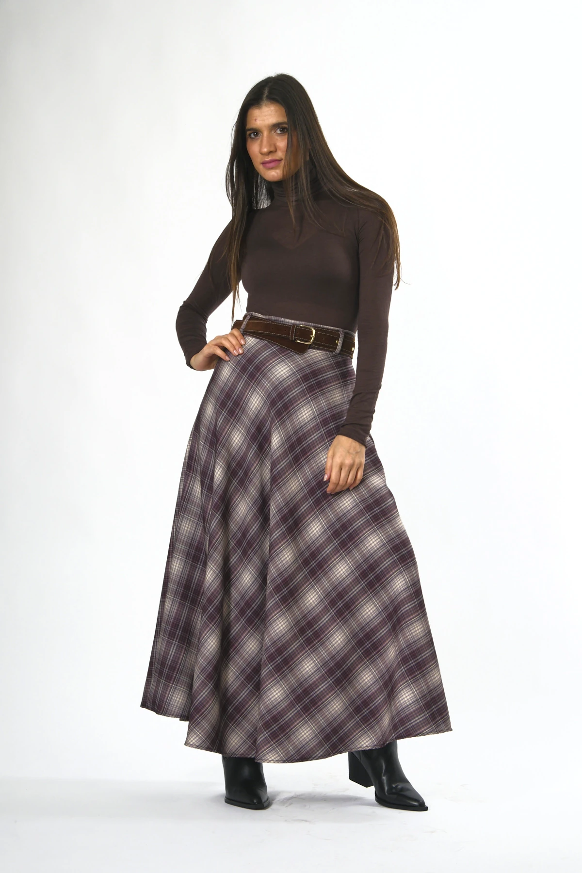 Abbra Kadın Ekoseli Astarlı Kemerli Etek