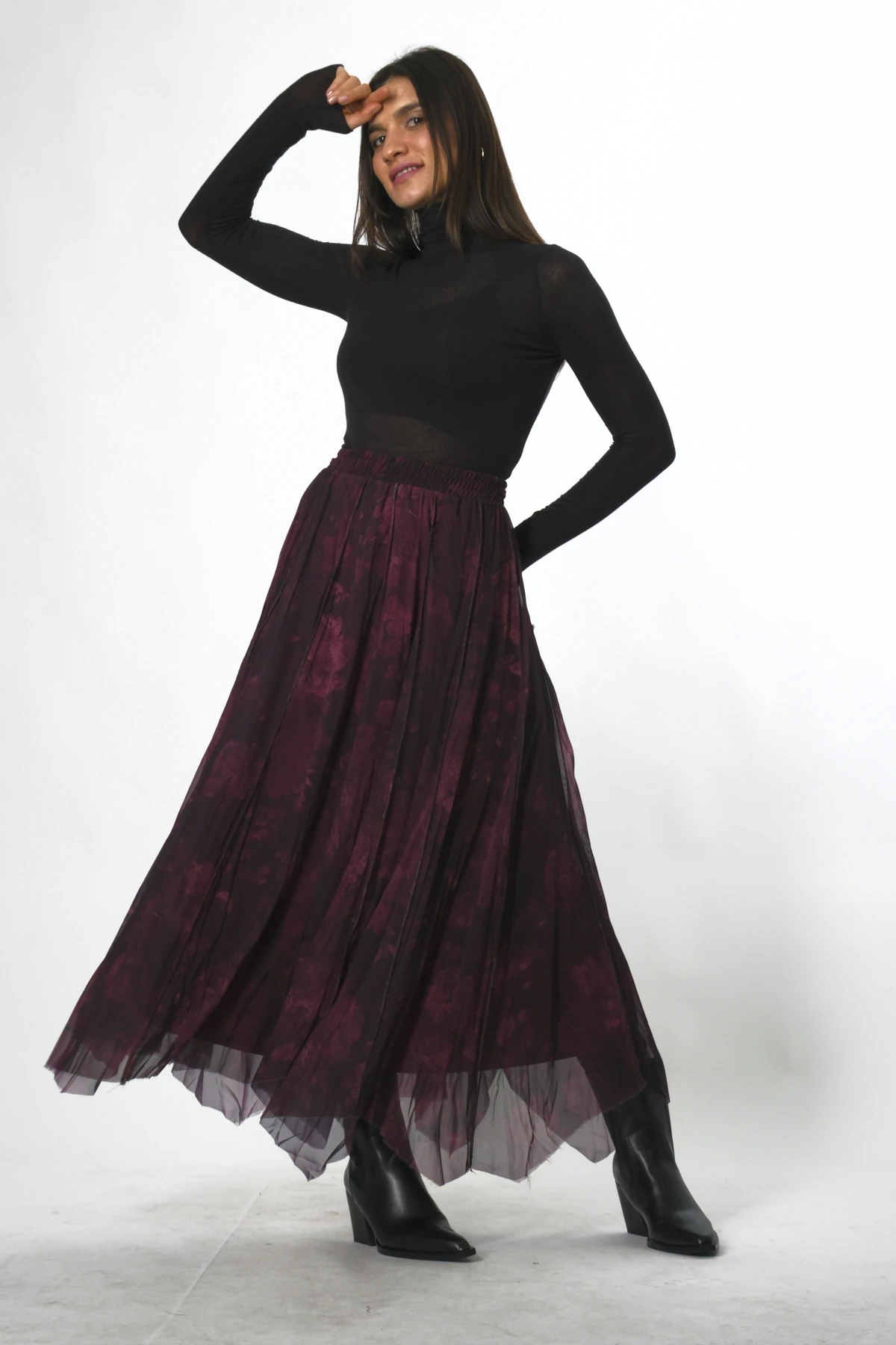 Abbra Kadın Astarlı Beli Lastikli Desenli Şifon Etek - MÜRDÜM