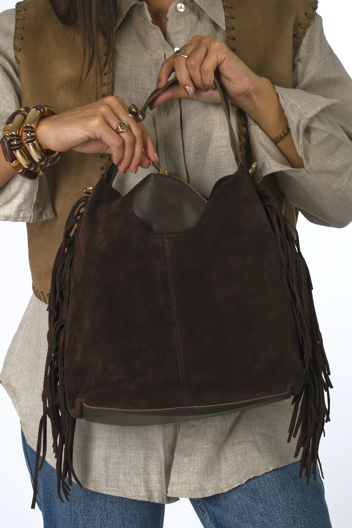 Abbra Kadın Gerçek Süet Deri Yanları Püsküllü Yavrulu Çanta