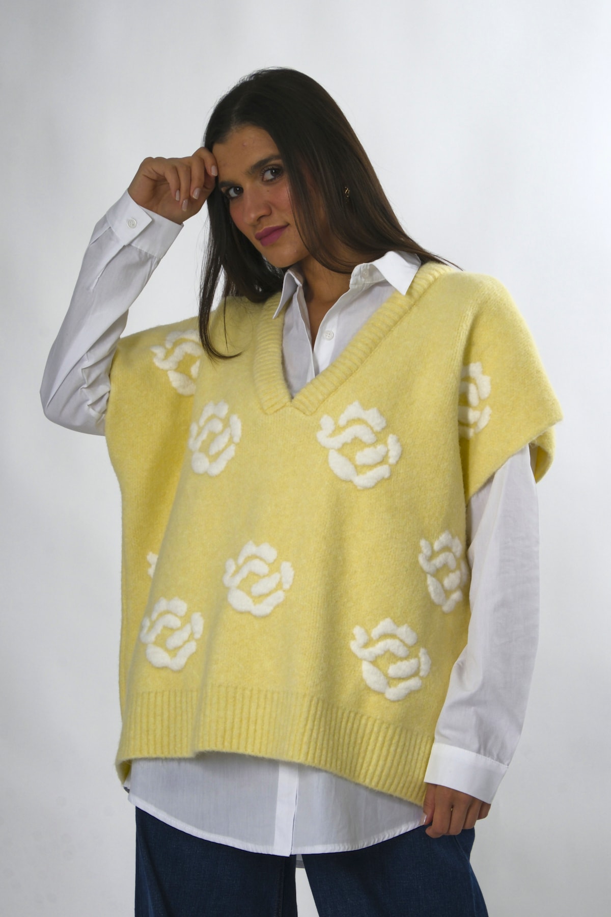 Abbra Kadın Oversize Gömlekli Nakışlı Süveter