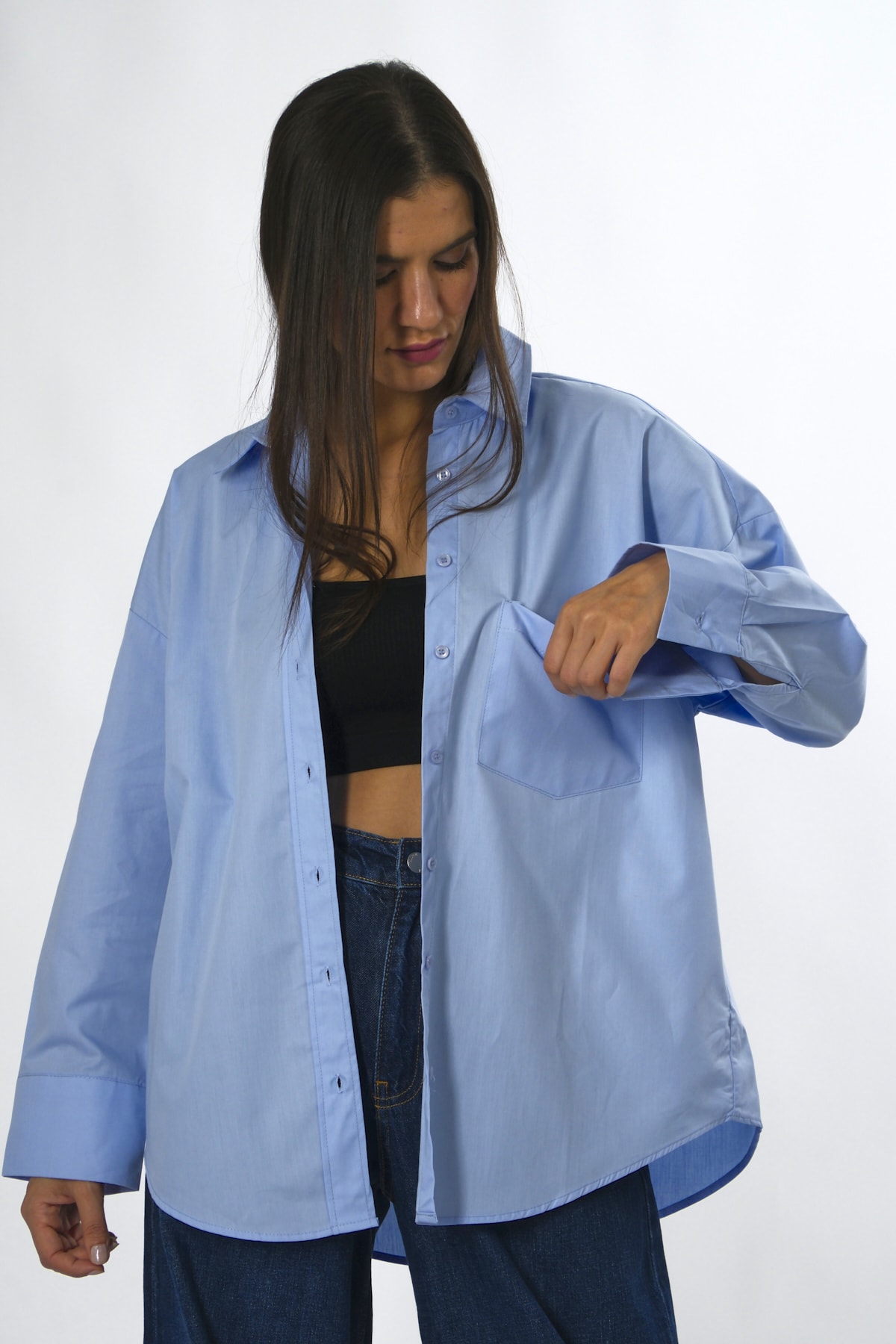 Abbra Kadın %100 Pamuk Tek Cepli Oversize Poplin Gömlek
