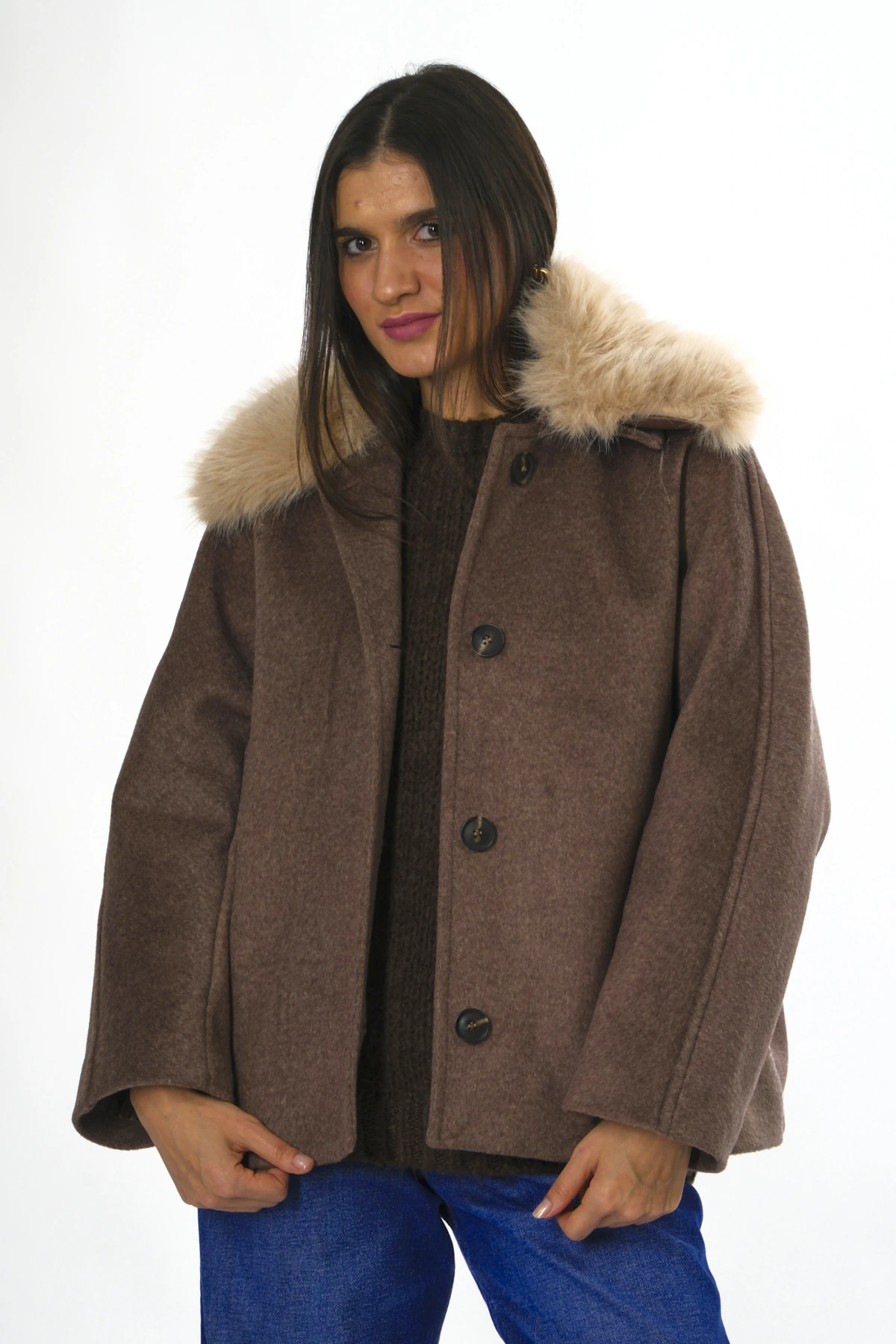 Abbra Kadın Çıkarılabilir Kürk Yaka Astarlı Kaban