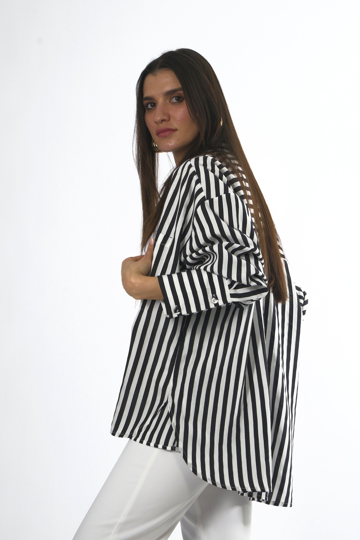 Abbra Kadın Çizgili Tek Cepli Oversize Gömlek