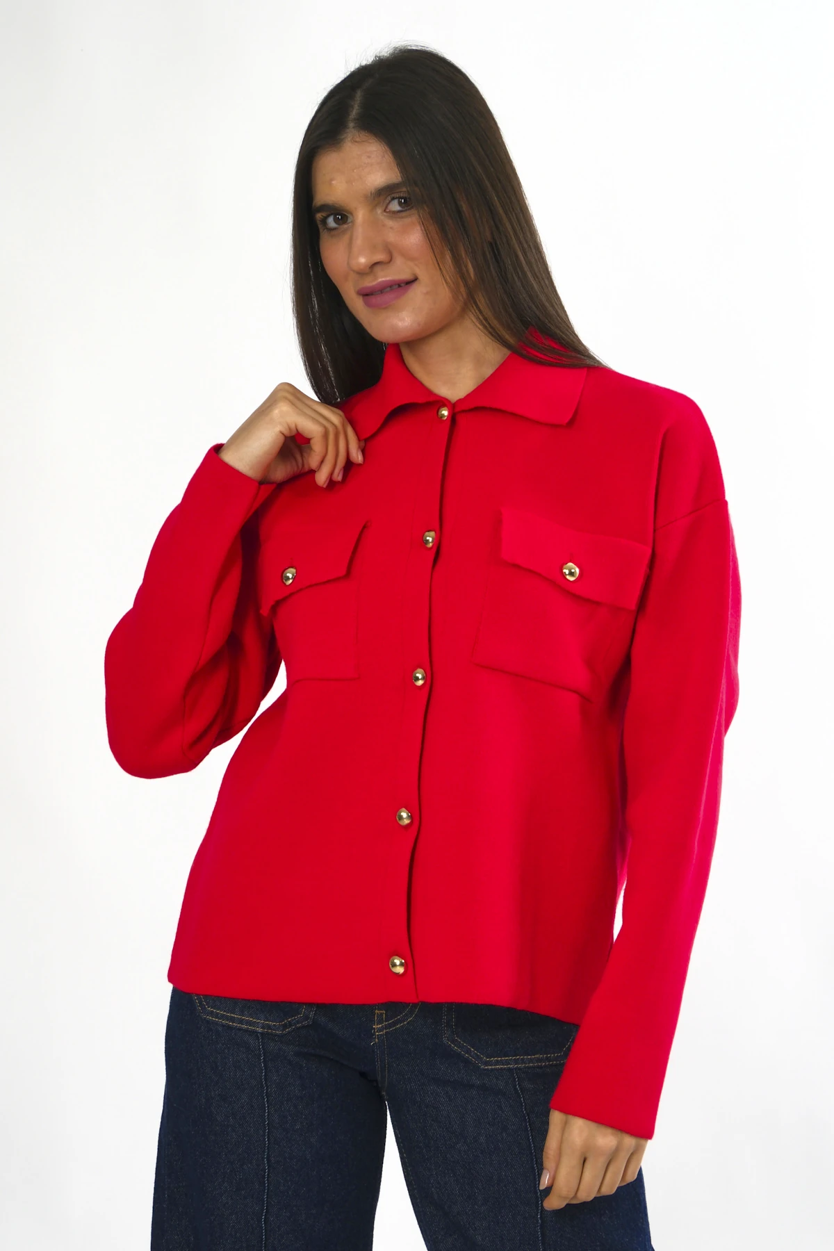 Abbra Kadın Cepli Düğmeli Triko Hırka