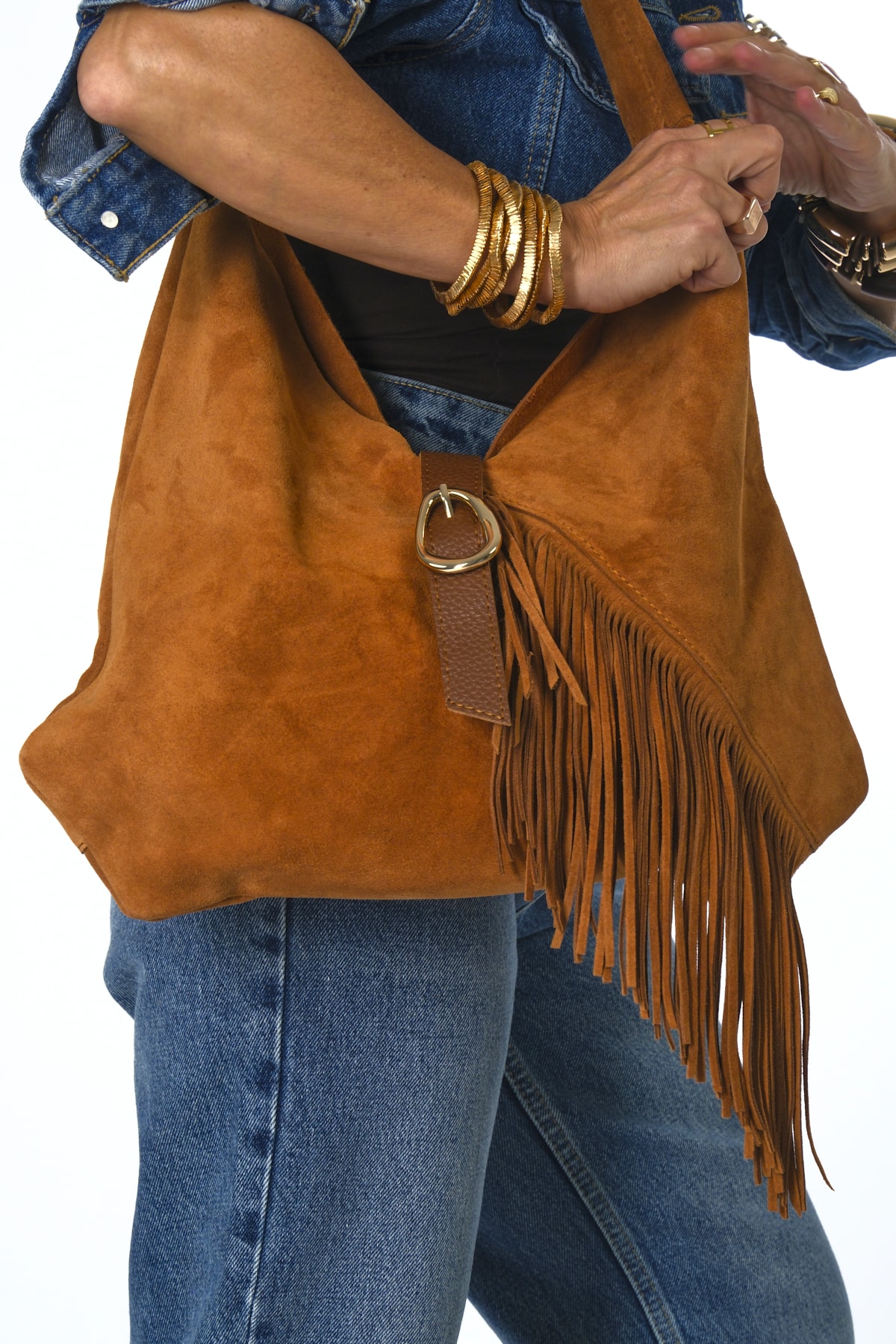 Abbra Kadın Gerçek Süet Deri Yavrulu Yan Püsküllü Çanta