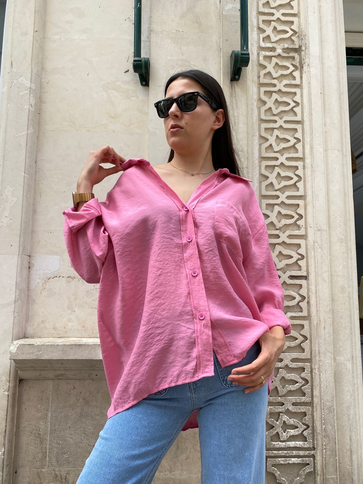Abbra Kadın Düşük Omuzlu Modal Oversize Gömlek
