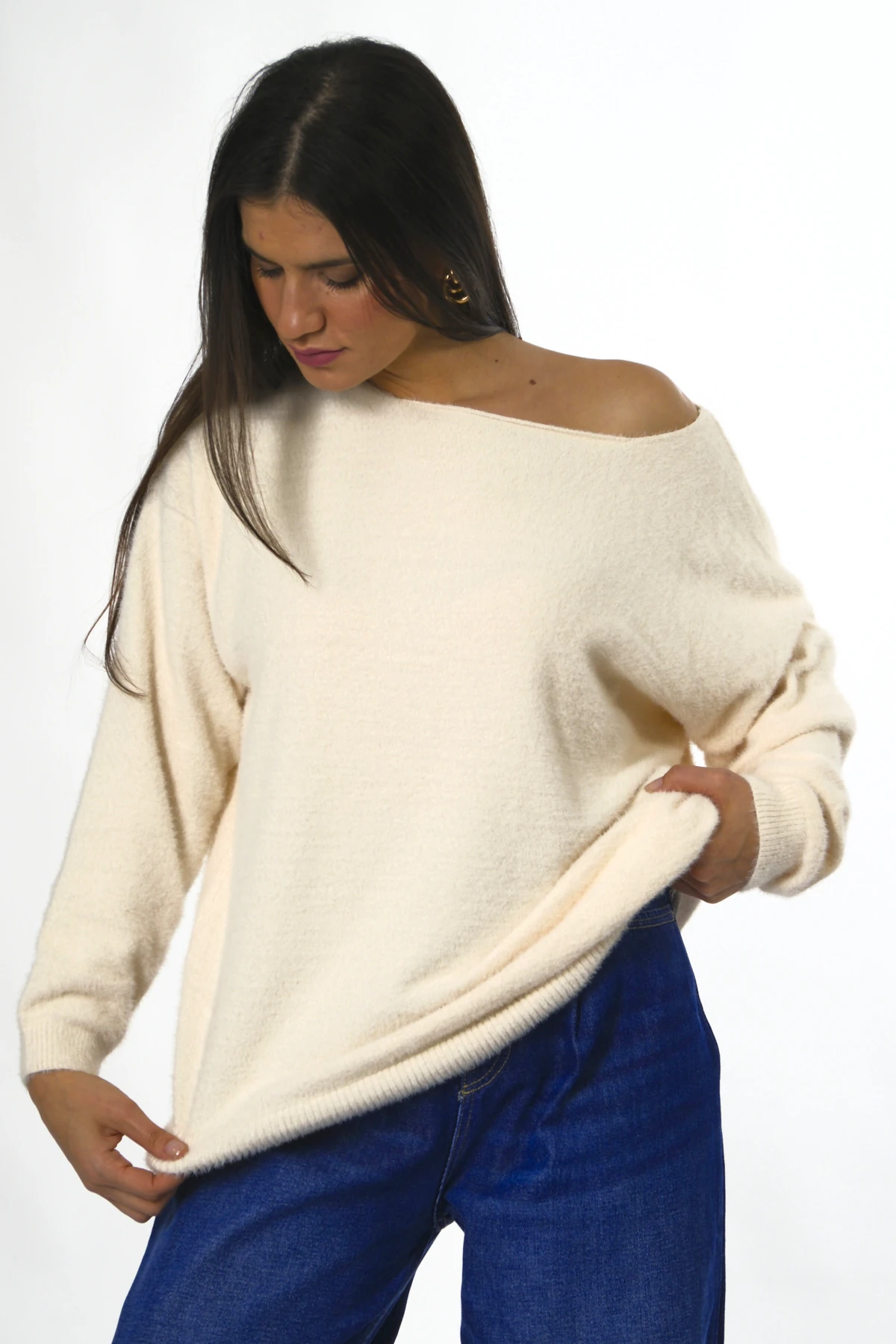 Abbra Kadın Tek Omzu Açık Sakallı Kazak - KREM