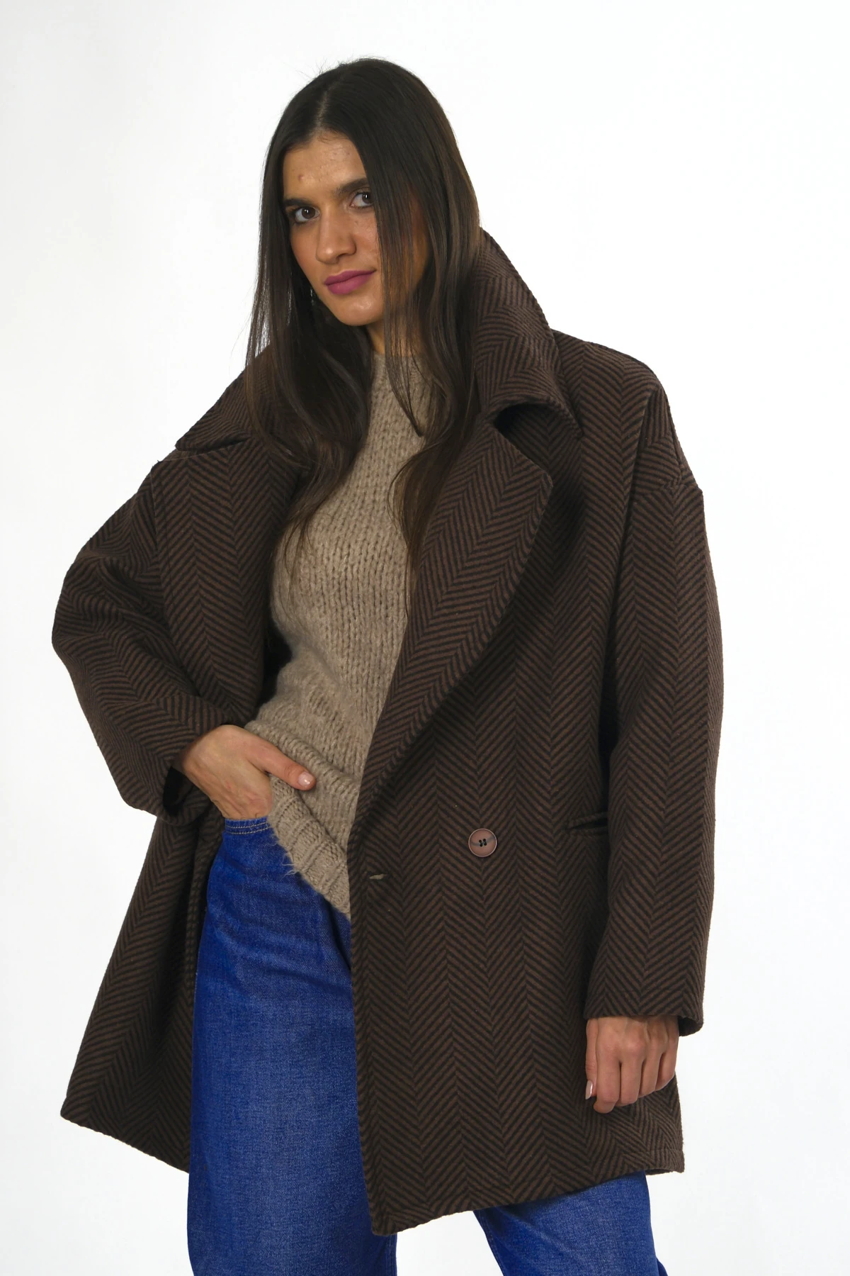 Kadın Balık Sırtı Astarlı Oversize Kaban