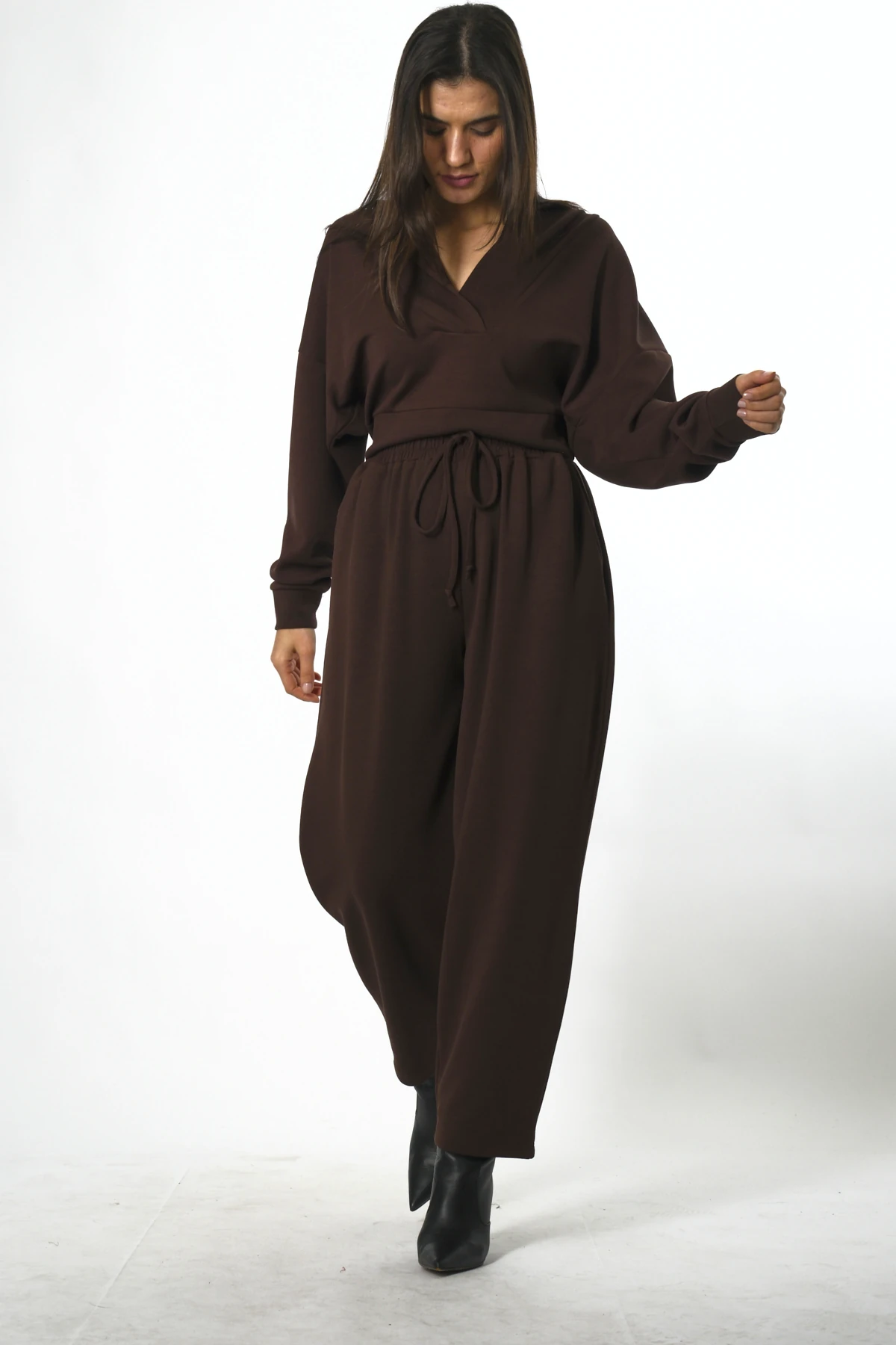 Abbra Kadın Beli Lastikli Kapüşonlu Sweat Pantolon Takım