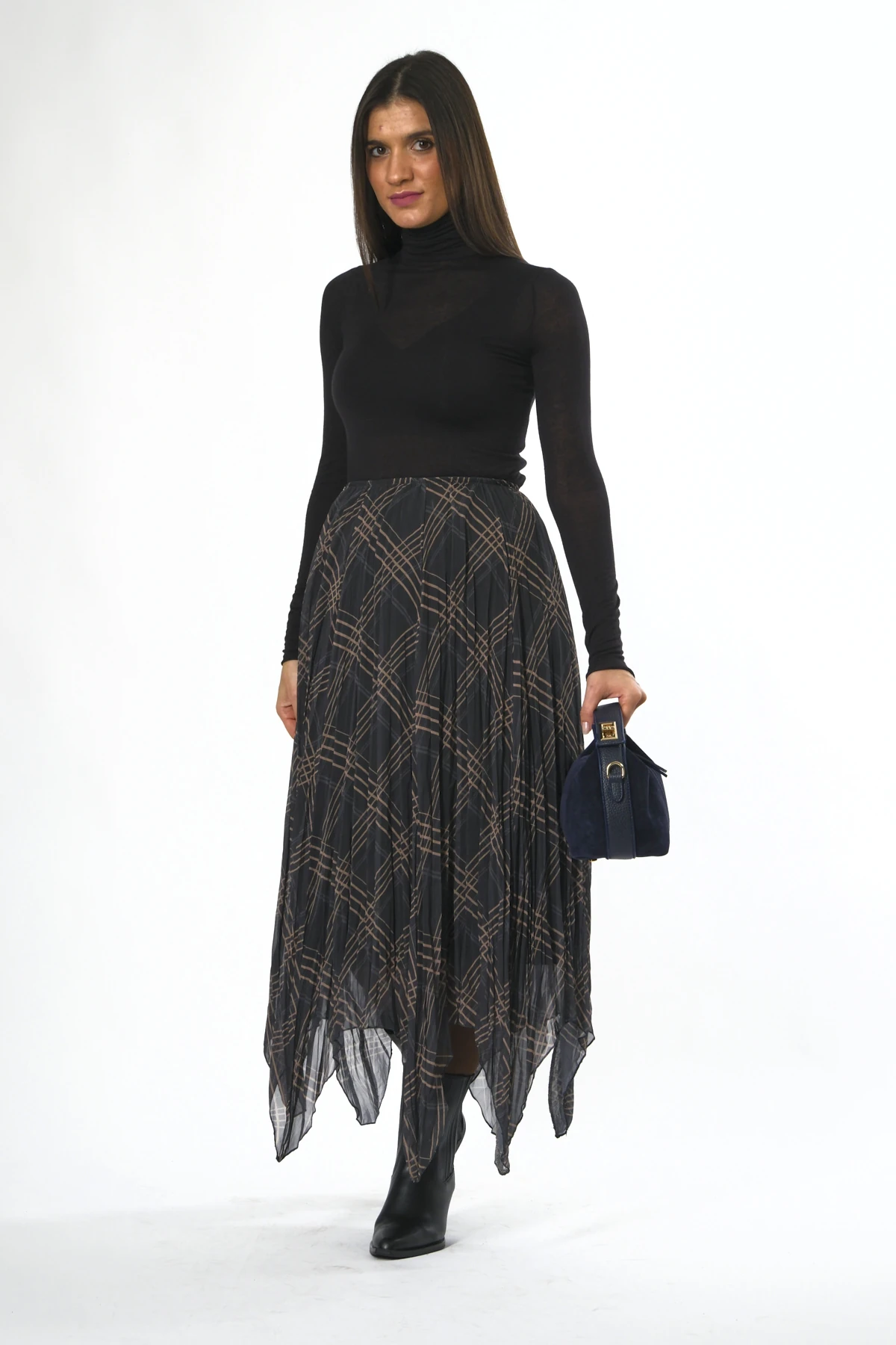 Kadın Beli Lastikli Astarlı Parçalı Ekose Etek