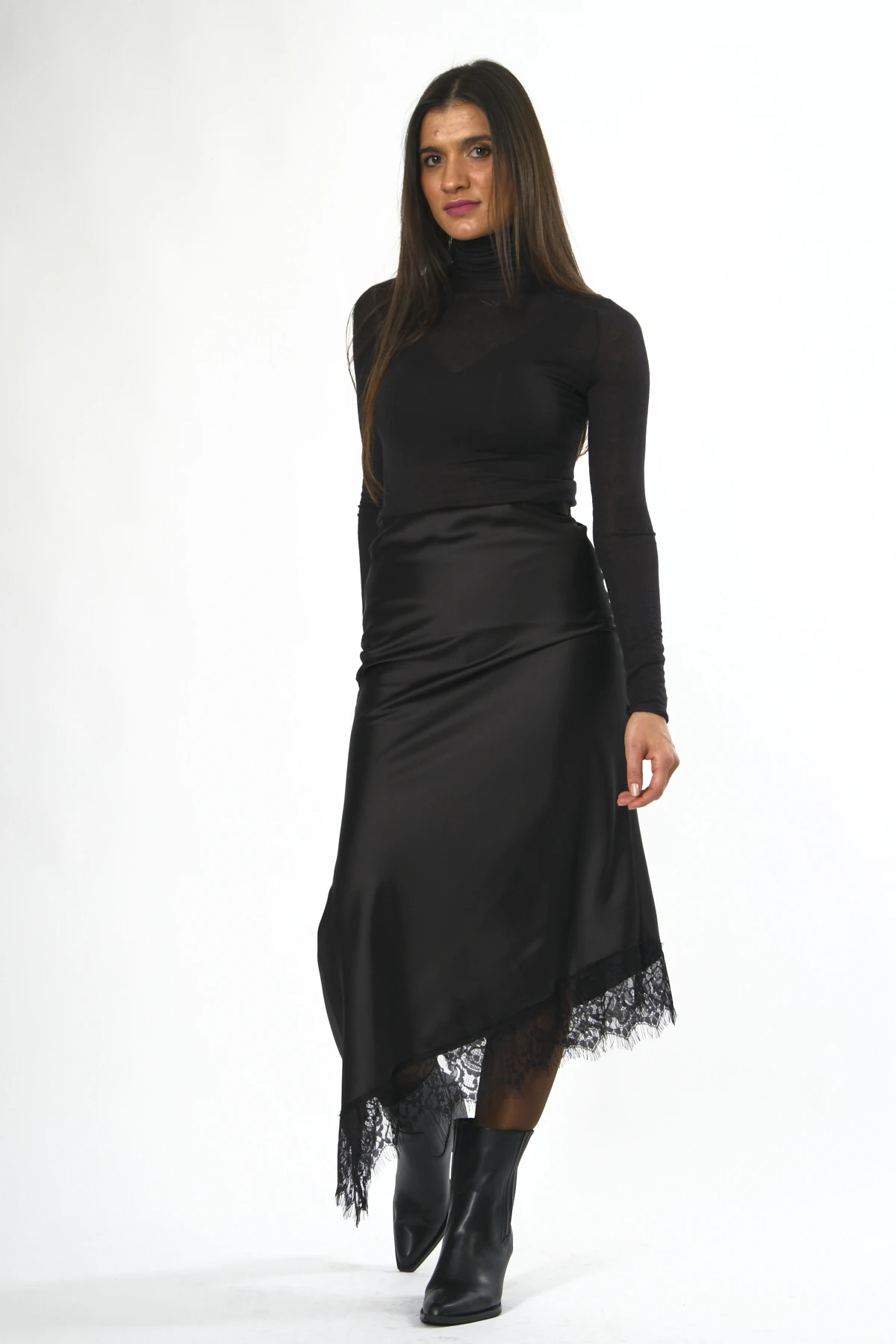 Abbra Kadın Paçası Dantelli Saten Görünümlü Beli Lastikli Etek