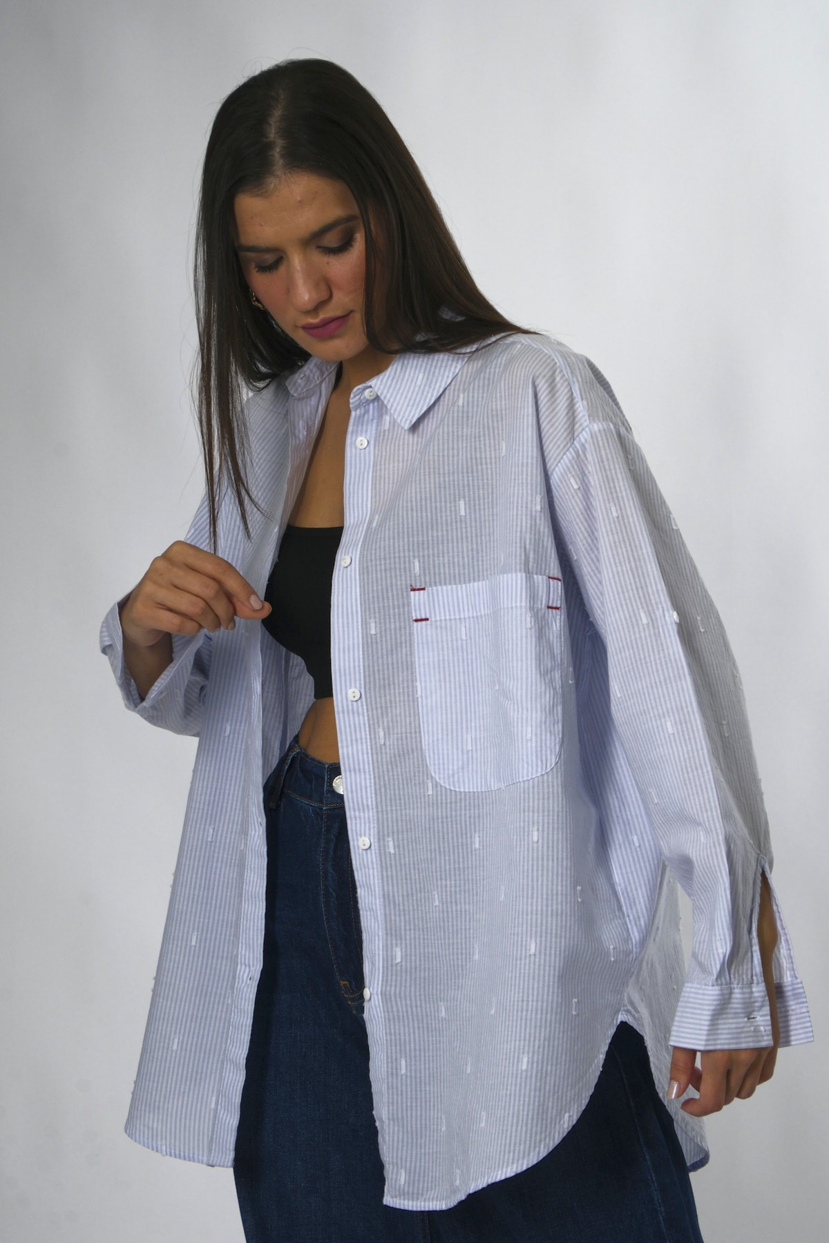 Abbra Kadın %100 Pamuk İlmek Baskılı Oversize Gömlek