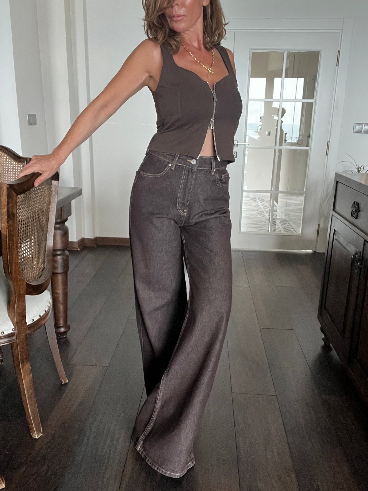 Abbra Kadın Geniş Kalıp Renkli Denim Pantolon  - KOYU KAHVE