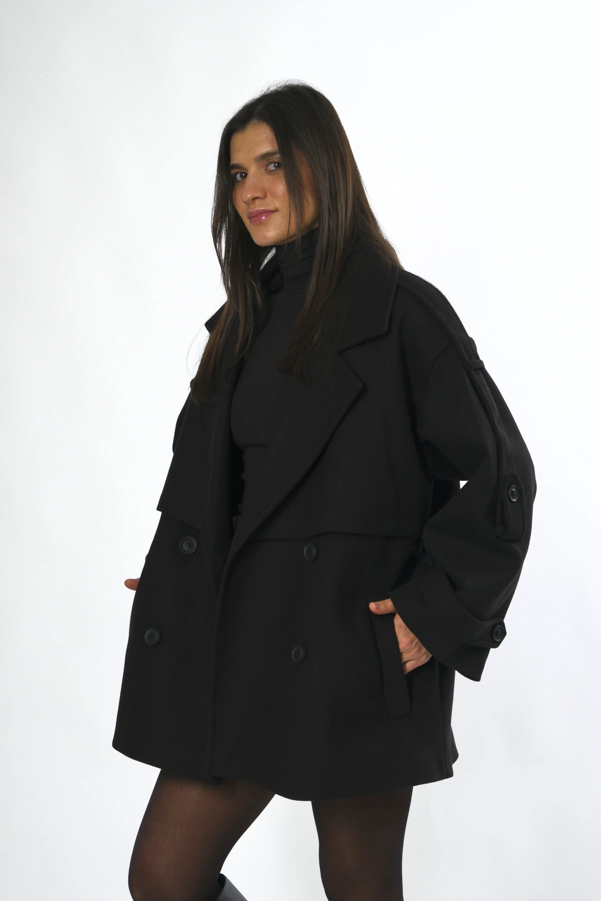 Abbra Kadın Astarlı Kısa Kaşe Kaban - SİYAH