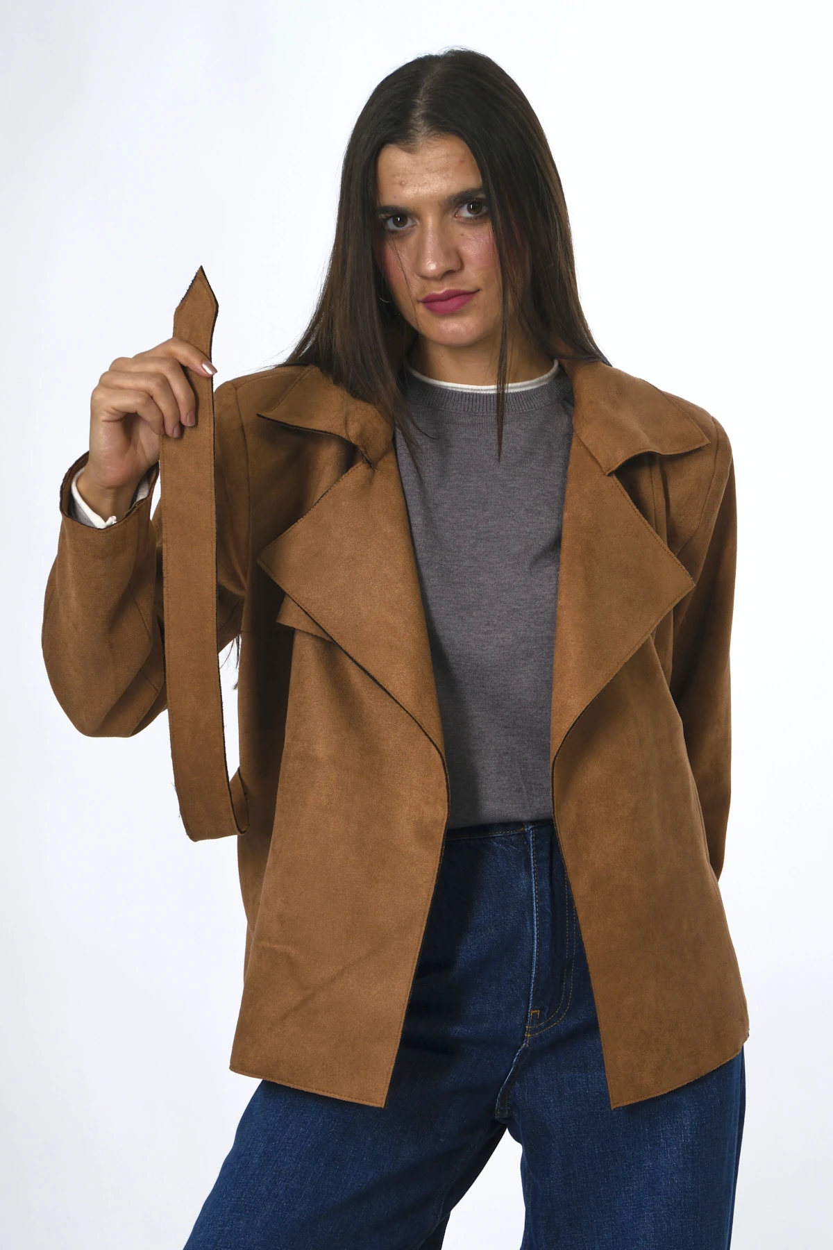 Abbra Kadın Vatkalı Kuşaklı Nubuk Ceket