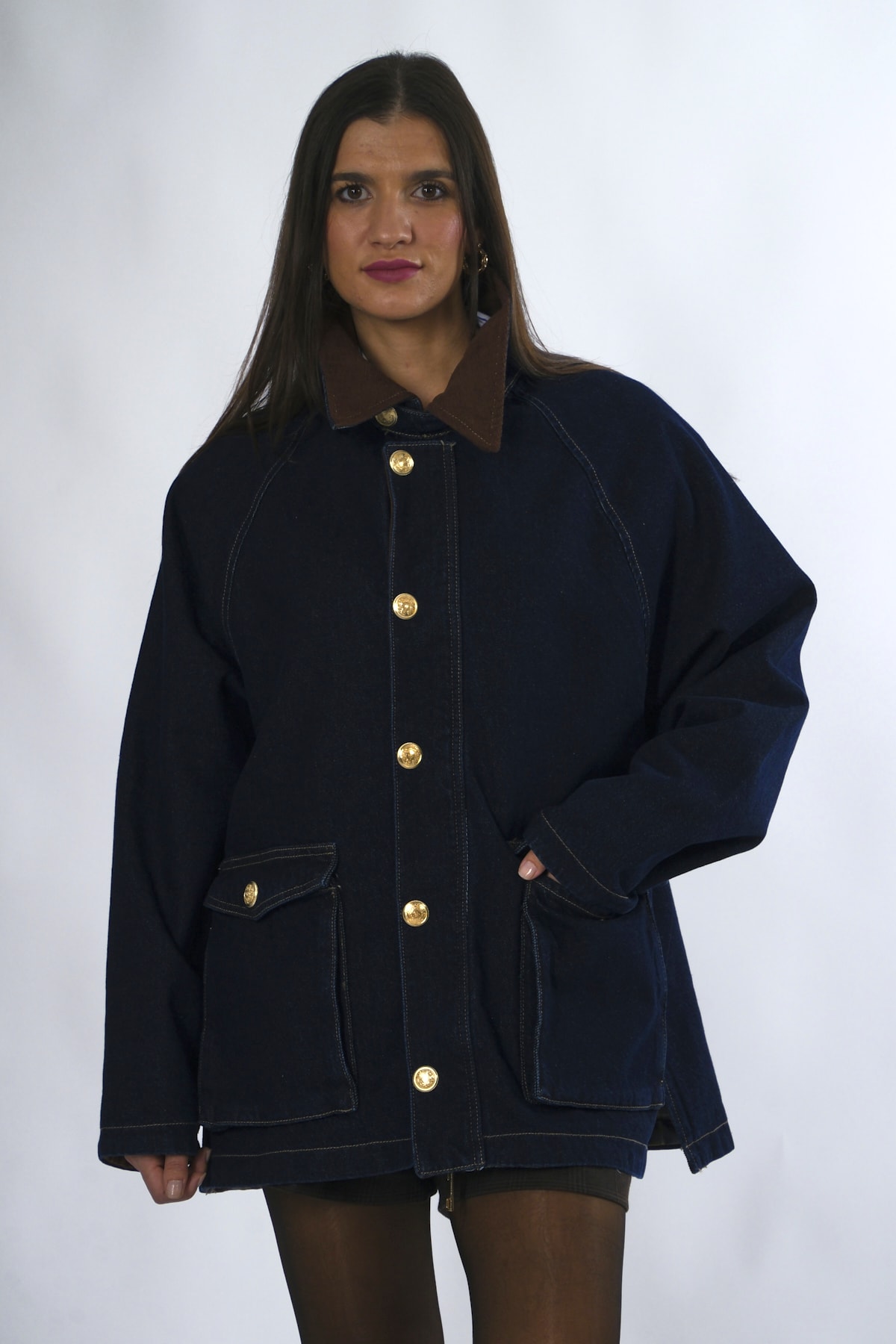 Abbra Kadın Kadife Yaka Oversize Kot Ceket