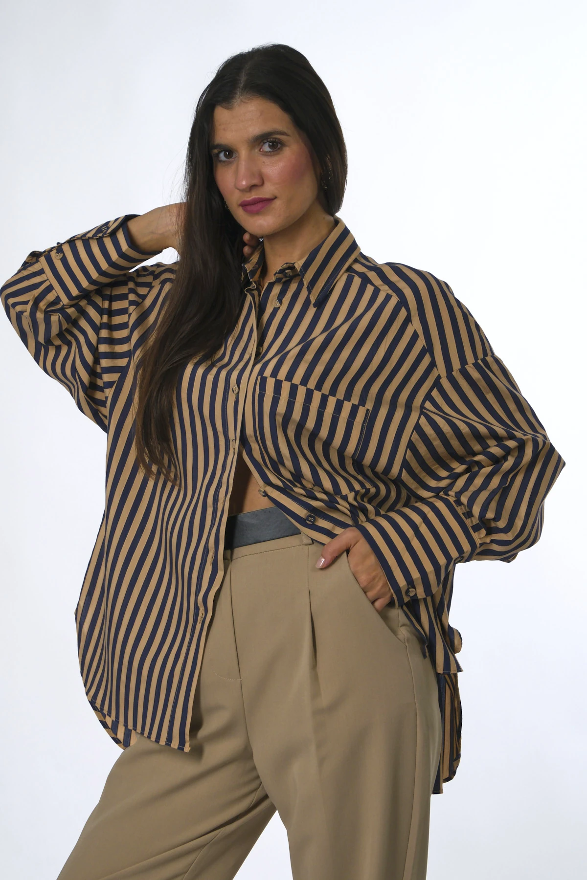 Abbra Kadın Çizgili Tek Cepli Oversize Gömlek