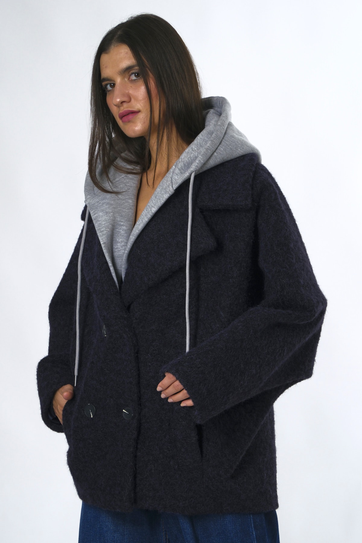 Abbra Kadın Kapişon Detaylı Astarlı Oversize Kaşmir Ceket