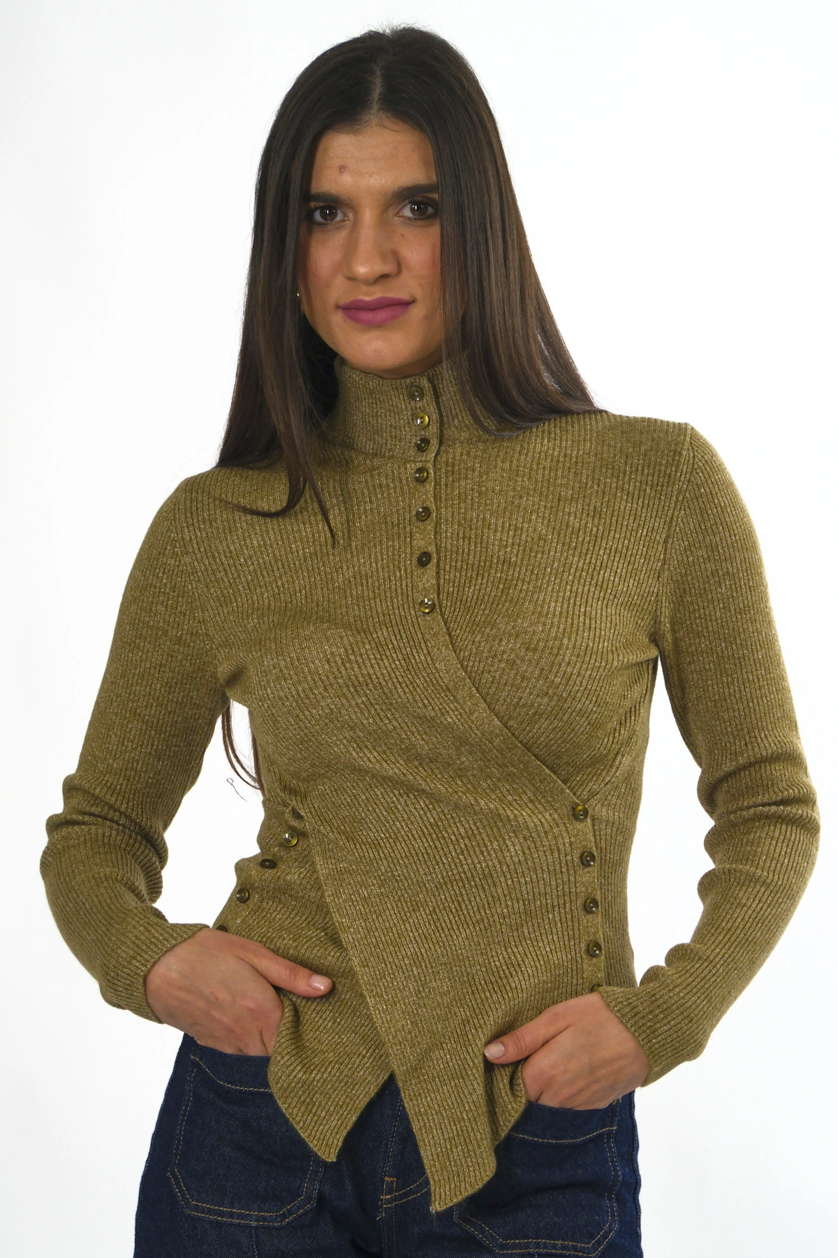 Abbra Kadın Belden Düğmeli Kazak