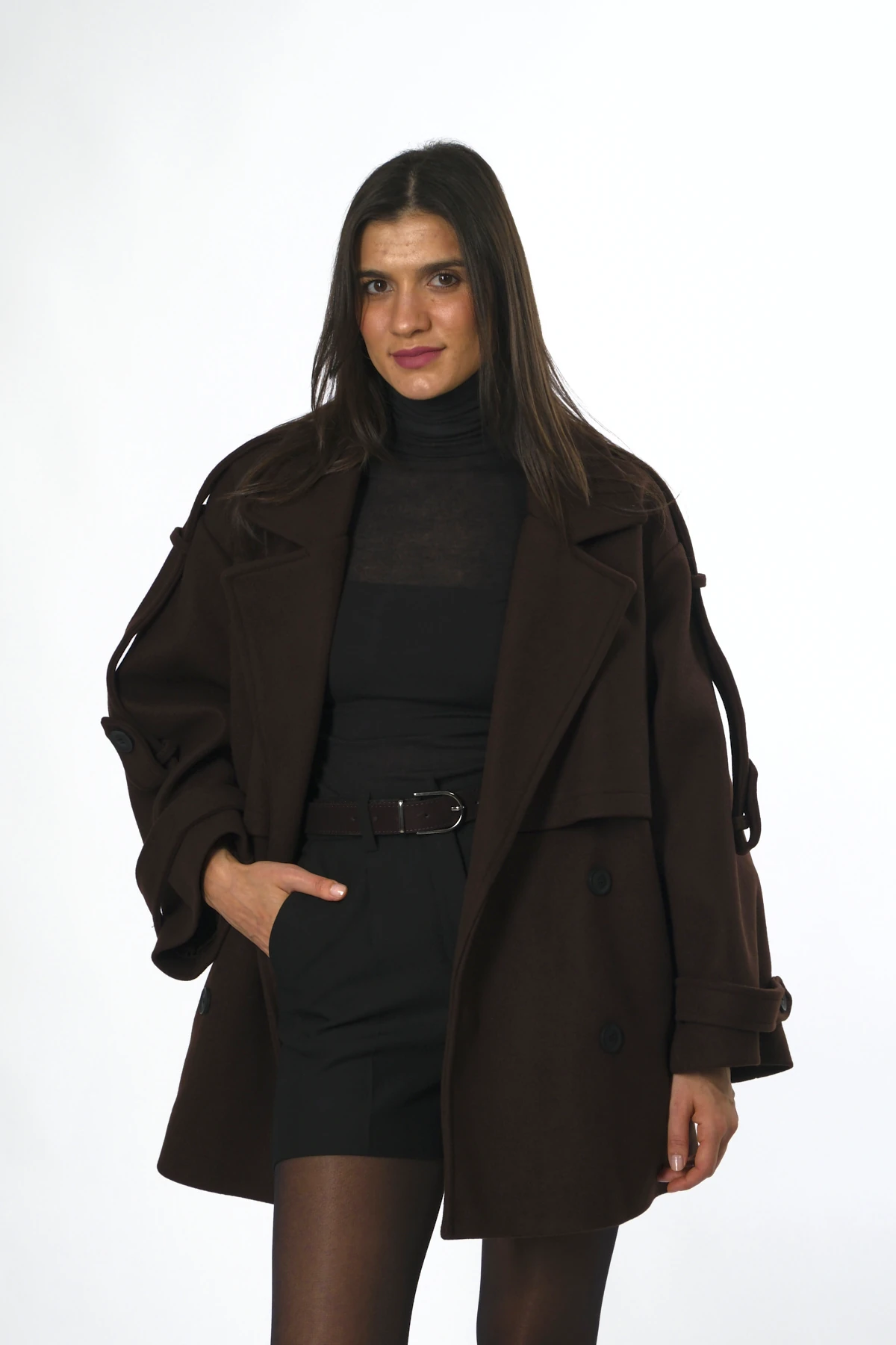 Abbra Kadın Astarlı Kısa Kaşe Kaban - KAHVE