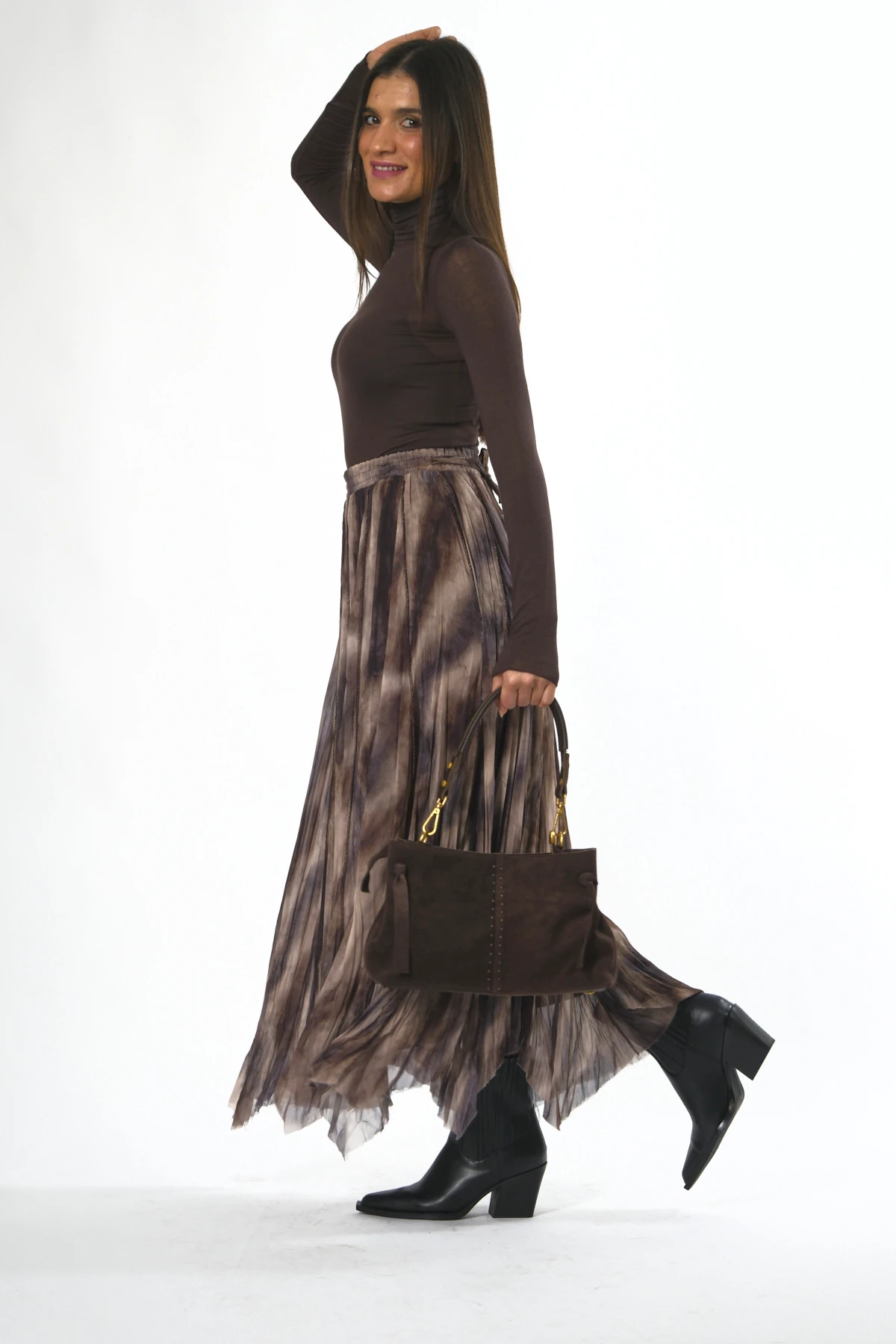 Abbra Kadın Beli Lastikli Astarlı Asimetrik Şifon Etek