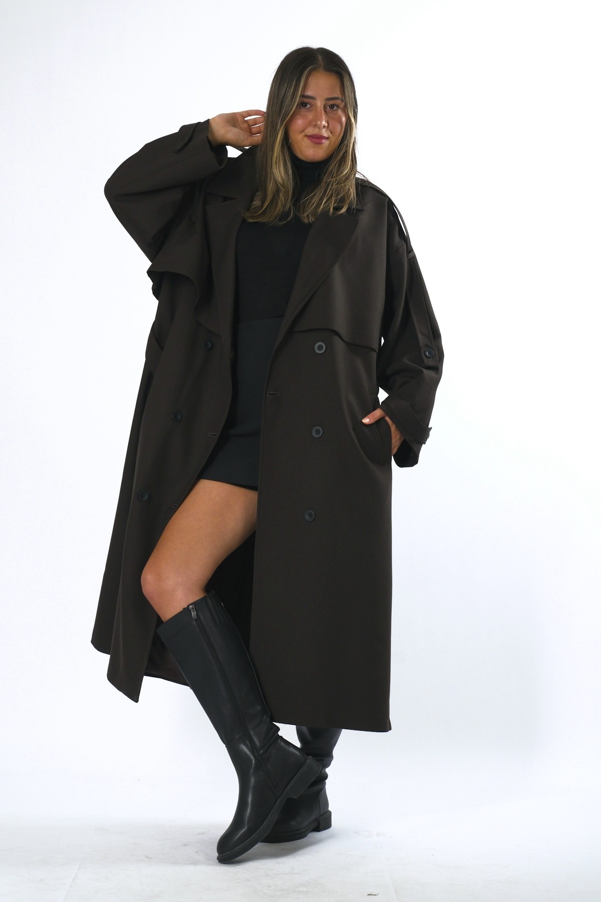 Abbra Kadın Oversize Astarlı Trenç - KAHVE