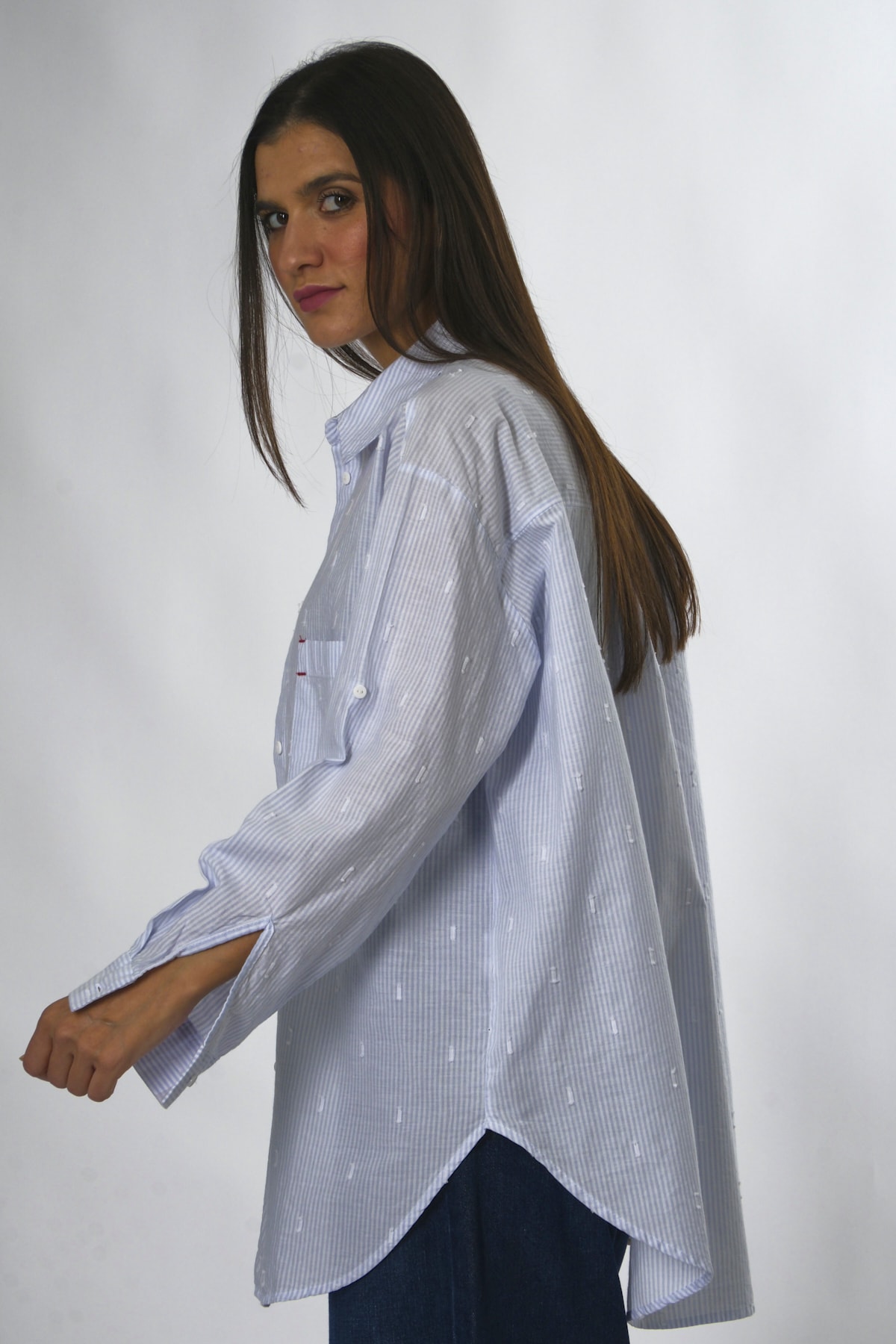 Abbra Kadın %100 Pamuk İlmek Baskılı Oversize Gömlek