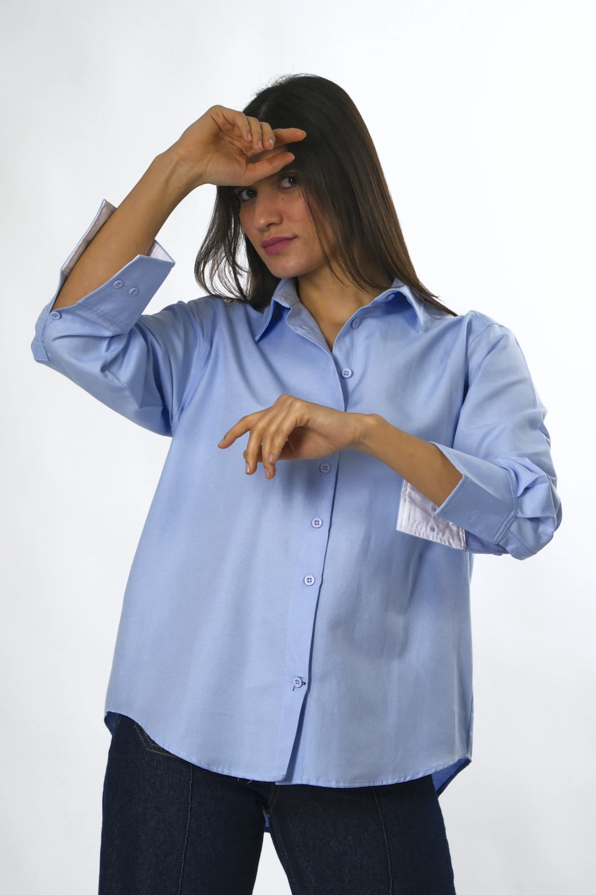 Abbra Kadın Pamuklu Kolu Beyaz Manşetli Gömlek