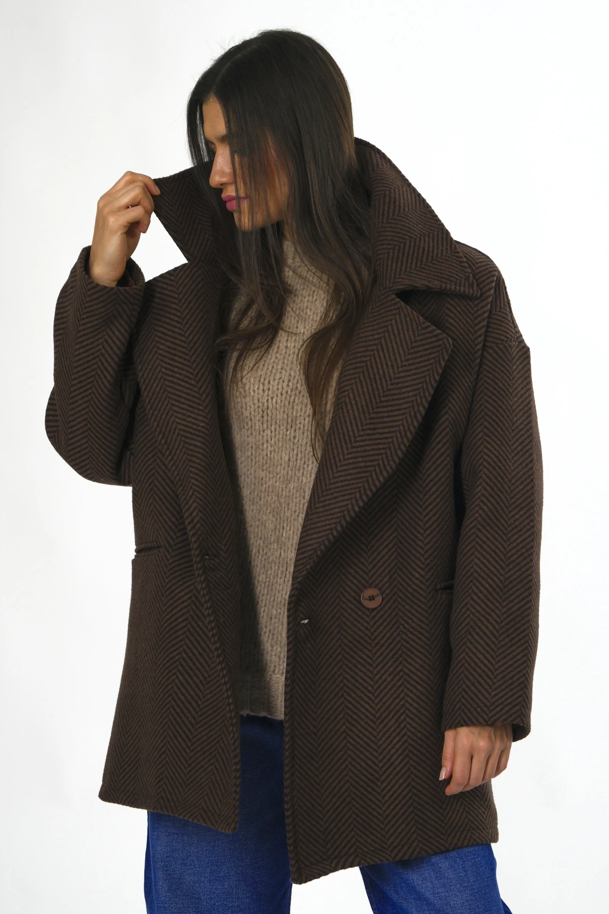 Kadın Balık Sırtı Astarlı Oversize Kaban