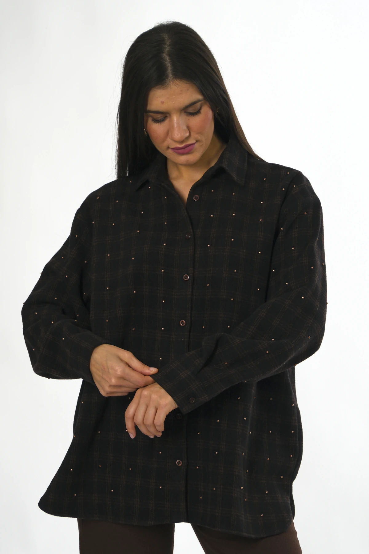 Abbra Kadın Zımba Çakımlı Pamuklu Ekose Gömlek