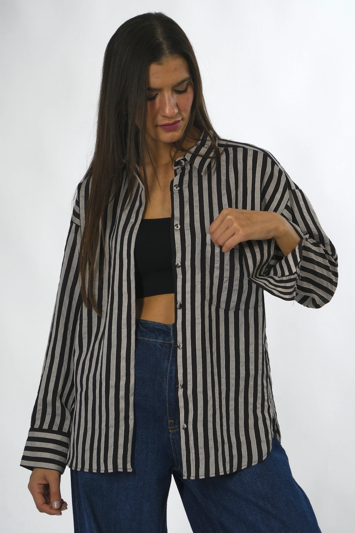 Abbra Kadın Multi Çizgili Cepli Gömlek