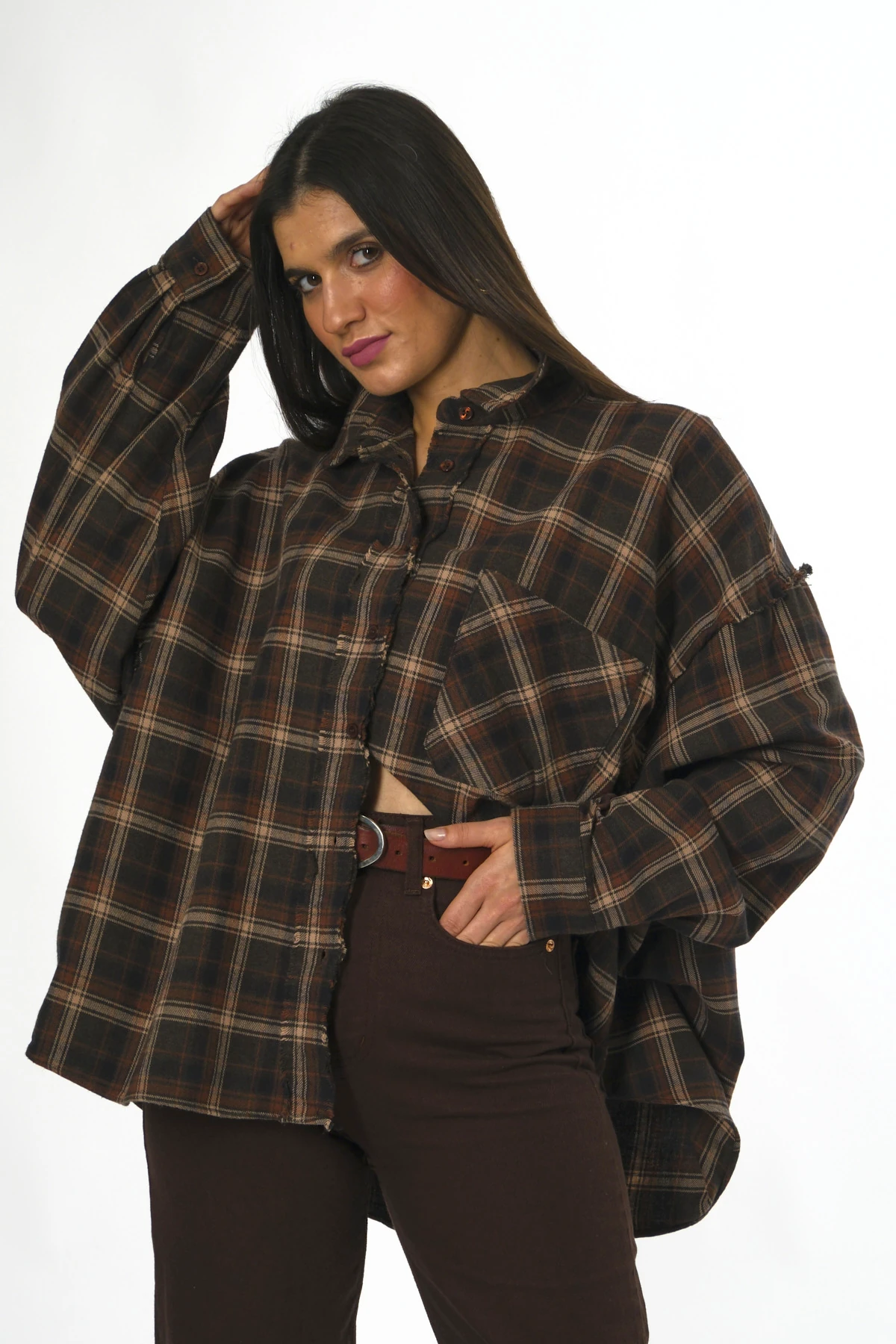 Abbra Kadın %100 Pamuk Oversize Ekose Gömlek - KAHVE