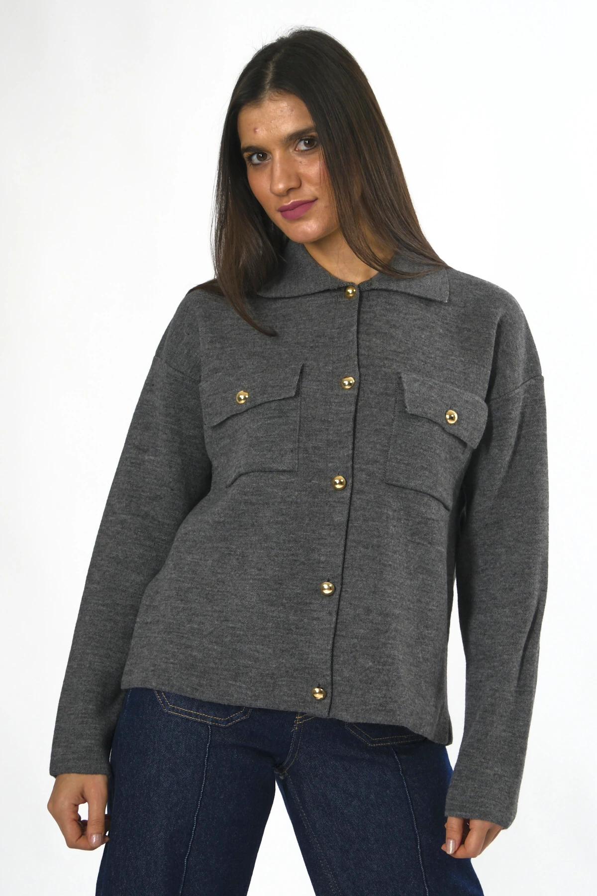 Abbra Kadın Cepli Düğmeli Triko Hırka - ANTRASİT