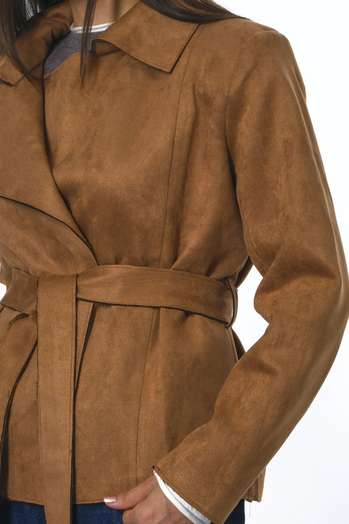 Abbra Kadın Vatkalı Kuşaklı Nubuk Ceket