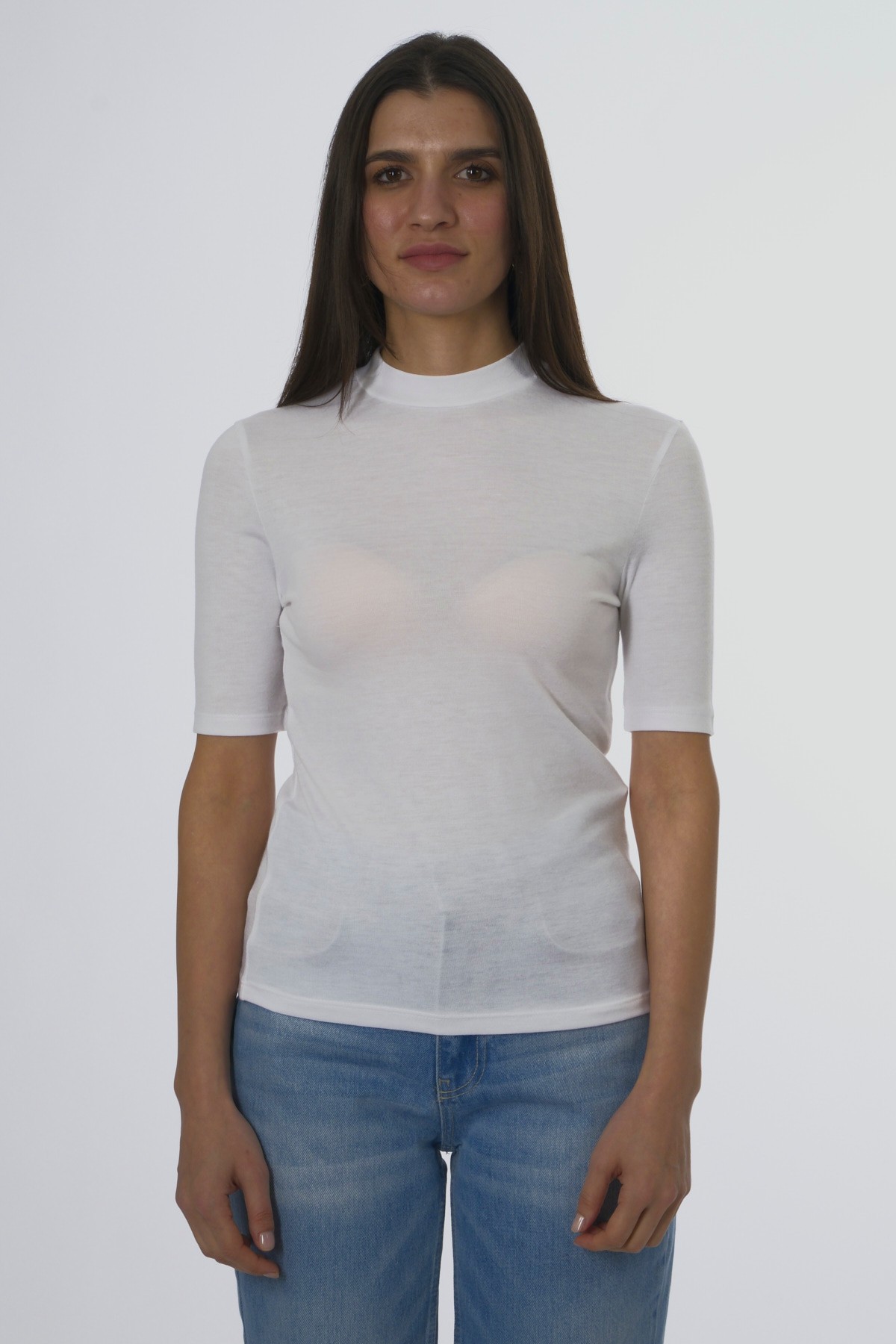 Abbra Kadın Yüksek Yakalı Tshirt - BEYAZ