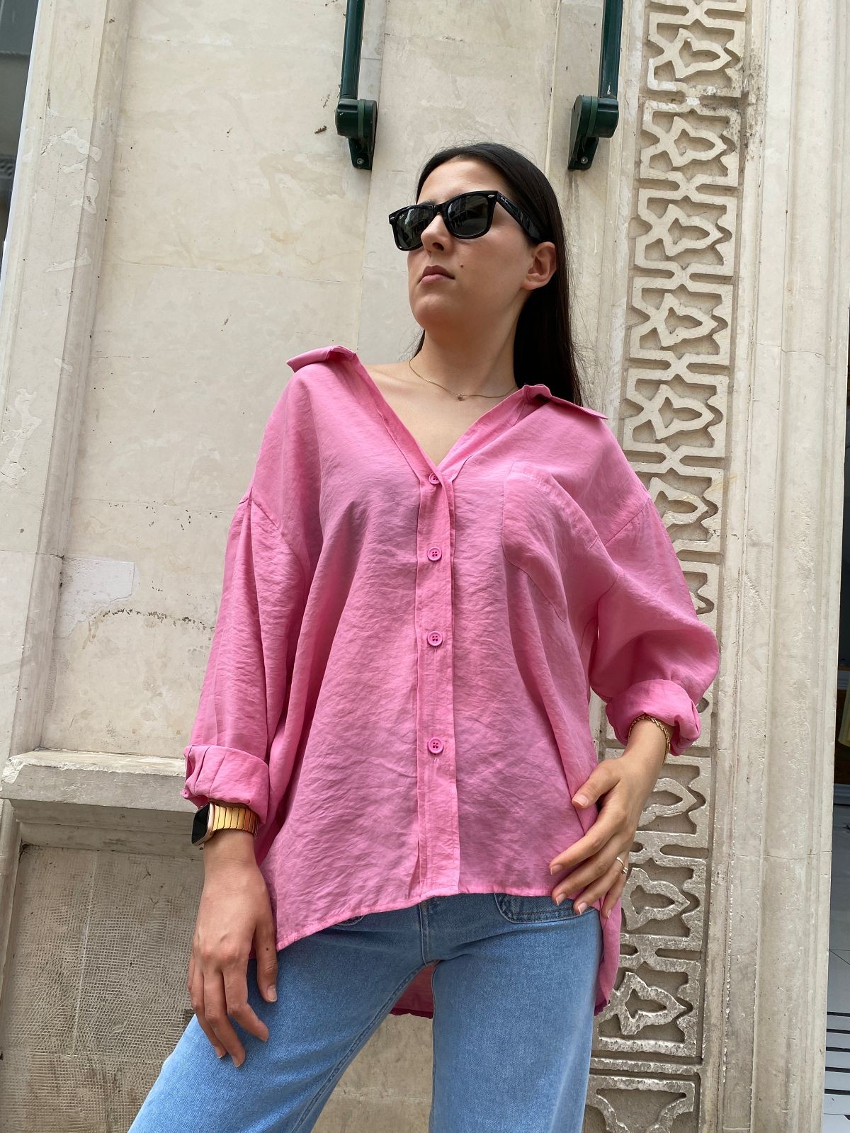 Abbra Kadın Düşük Omuzlu Modal Oversize Gömlek - PEMBE