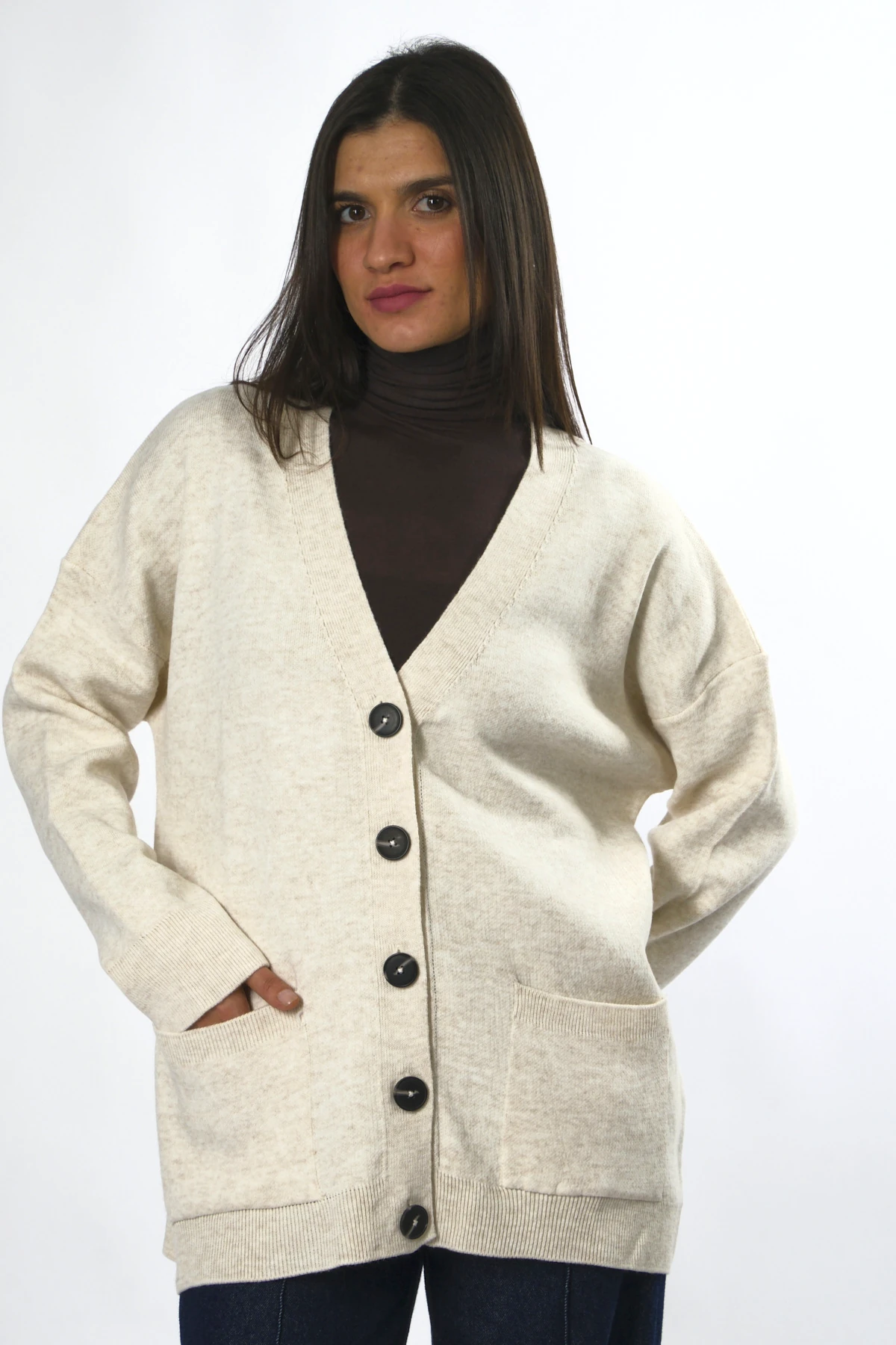 Abbra Kadın 5 Düğmeli Cepli Triko Hırka