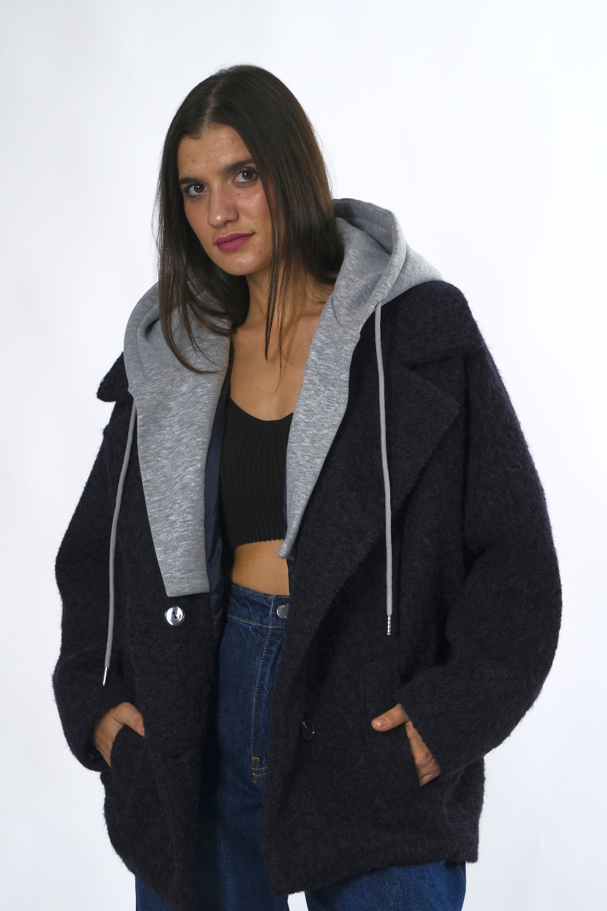 Abbra Kadın Kapişon Detaylı Astarlı Oversize Kaşmir Ceket
