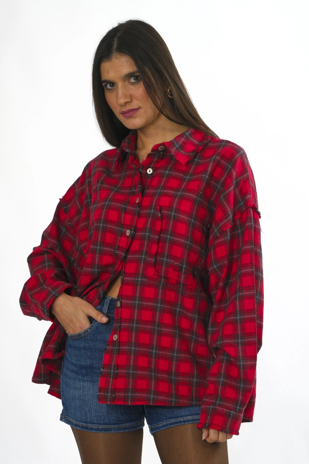 Abbra Kadın %100 Pamuk Lazer Kesim Ekoseli Gömlek