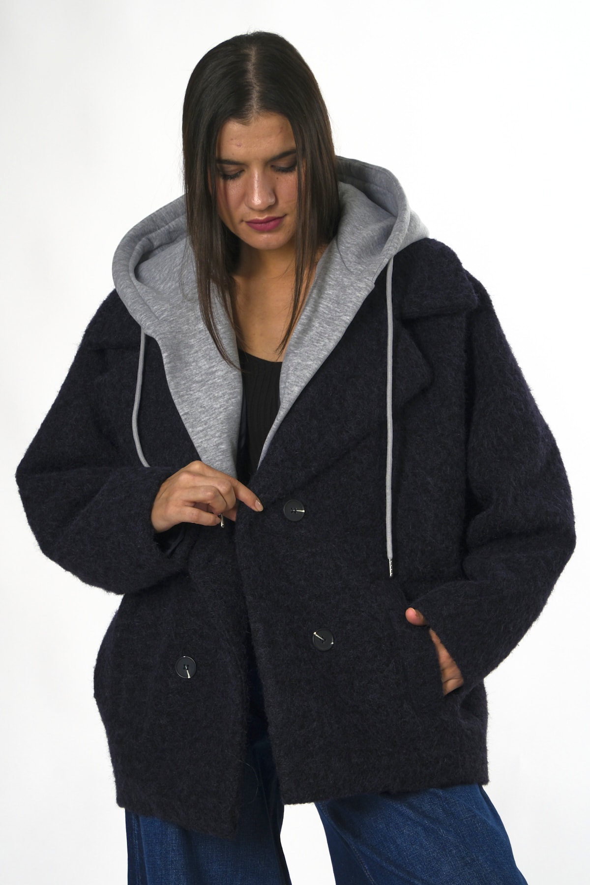 Abbra Kadın Kapişon Detaylı Astarlı Oversize Kaşmir Ceket