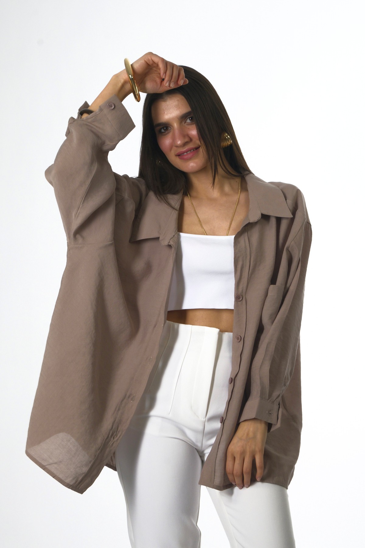 Abbra Kadın Düşük Omuzlu Modal Oversize Gömlek
