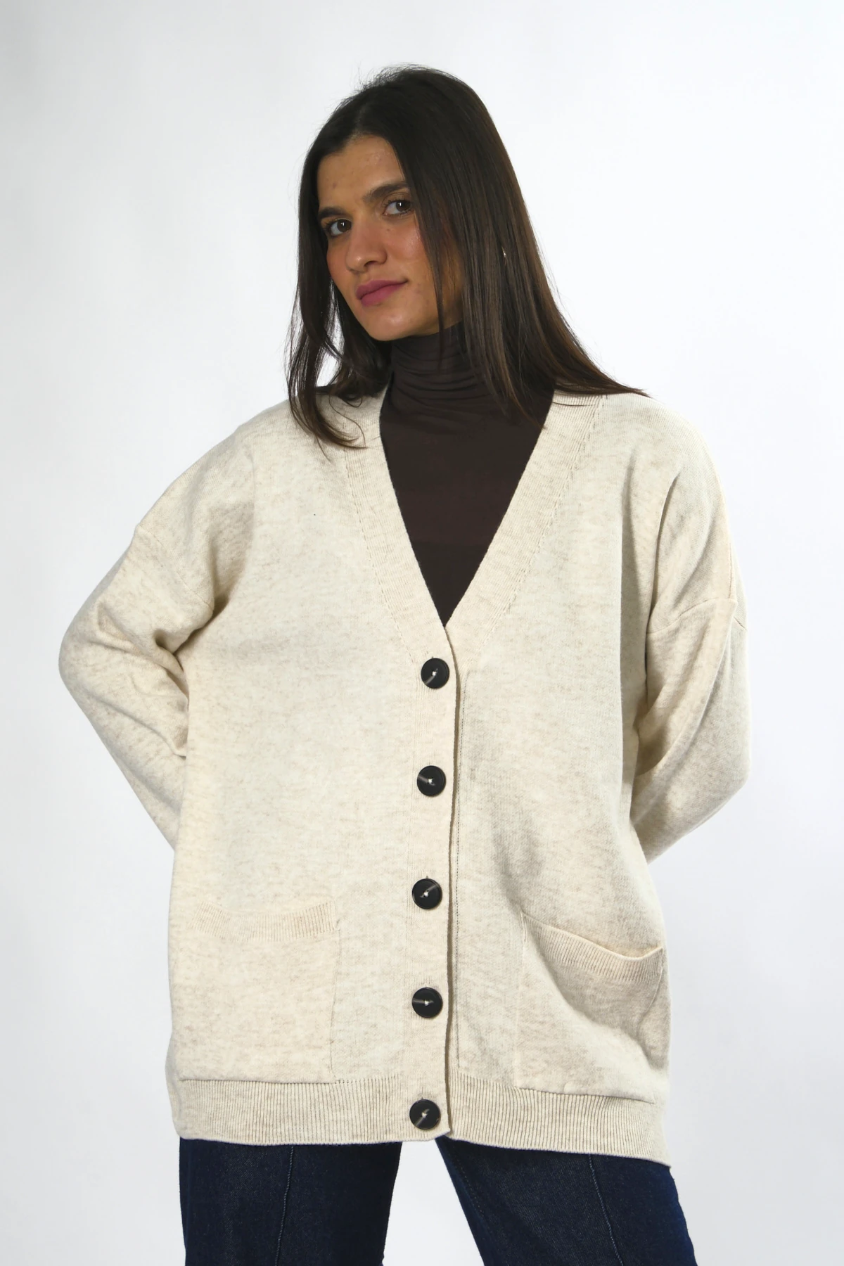 Abbra Kadın 5 Düğmeli Cepli Triko Hırka