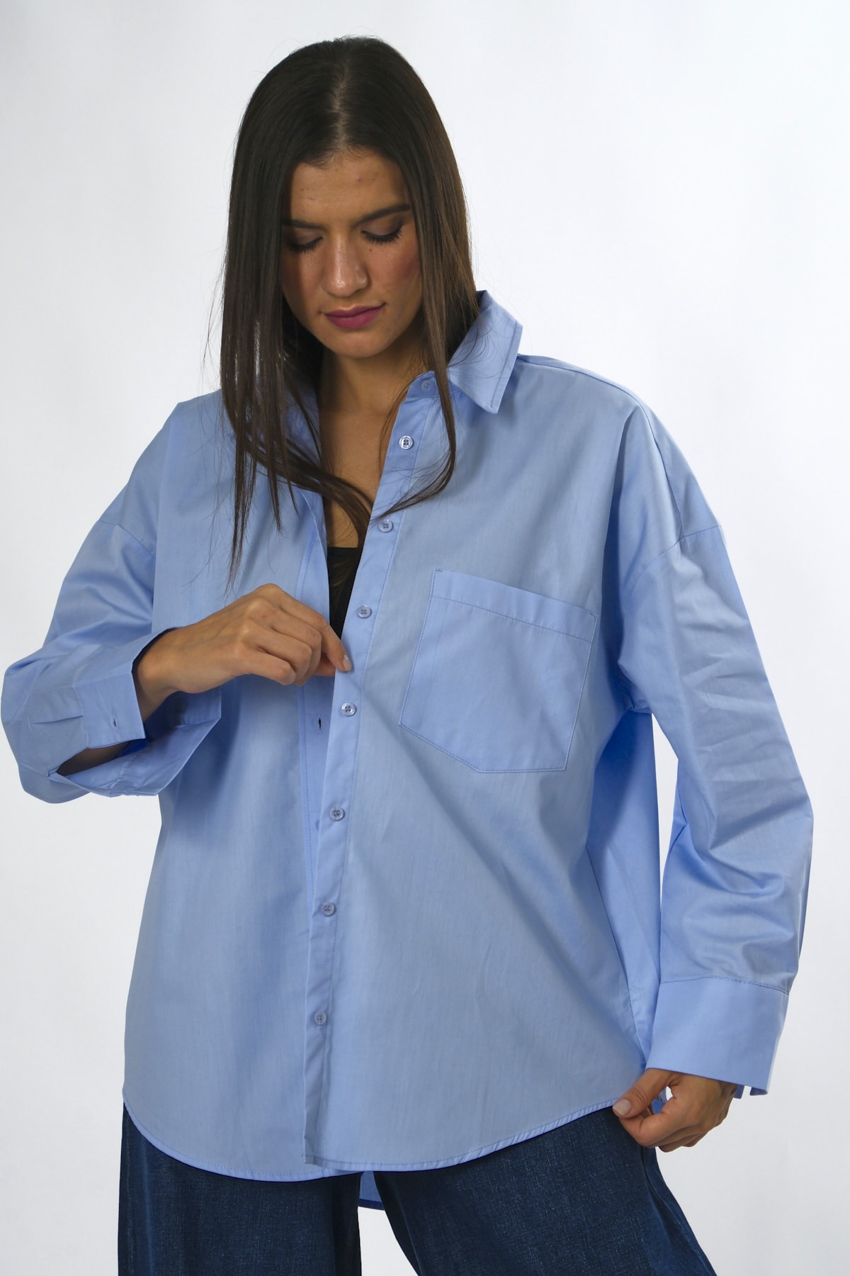 Abbra Kadın %100 Pamuk Tek Cepli Oversize Poplin Gömlek