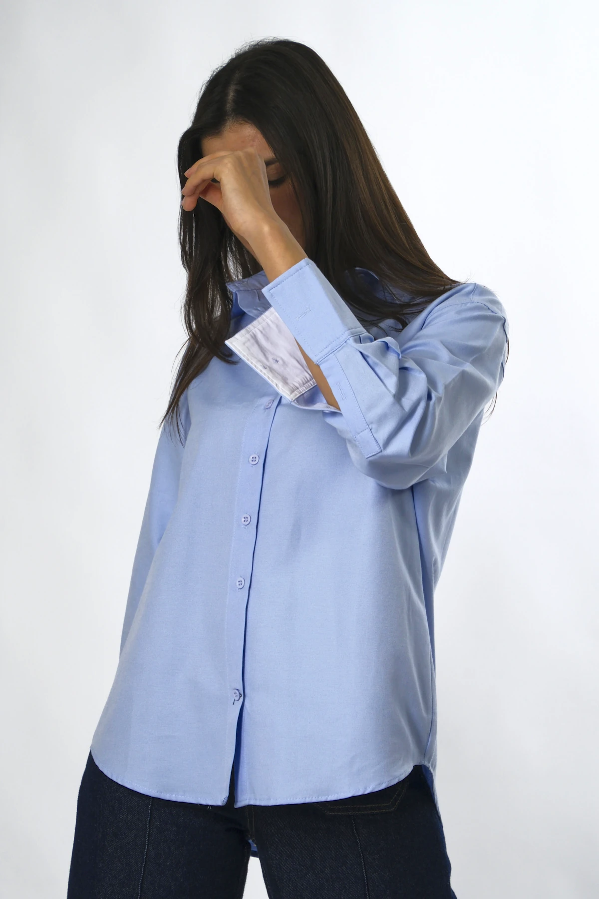 Abbra Kadın Pamuklu Kolu Beyaz Manşetli Gömlek