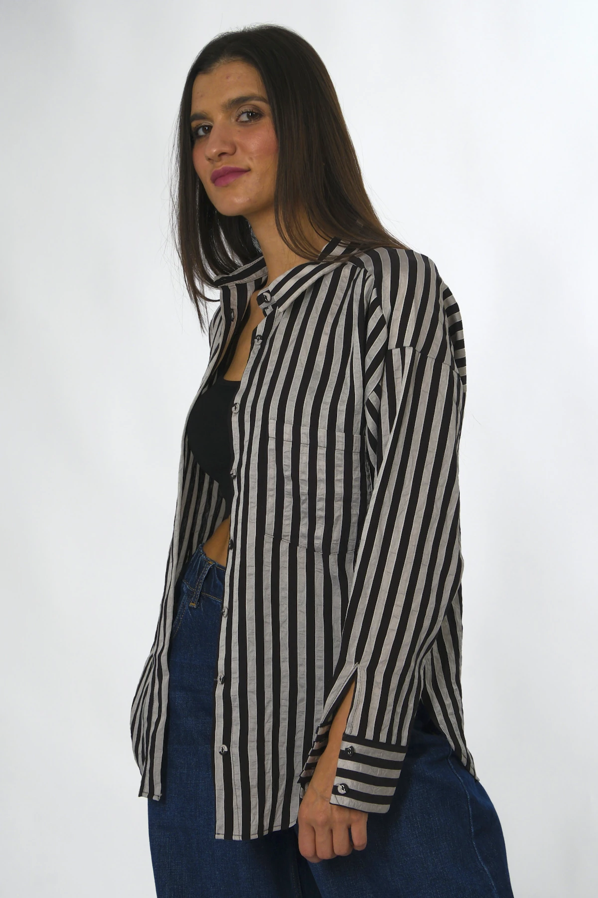 Abbra Kadın Multi Çizgili Cepli Gömlek