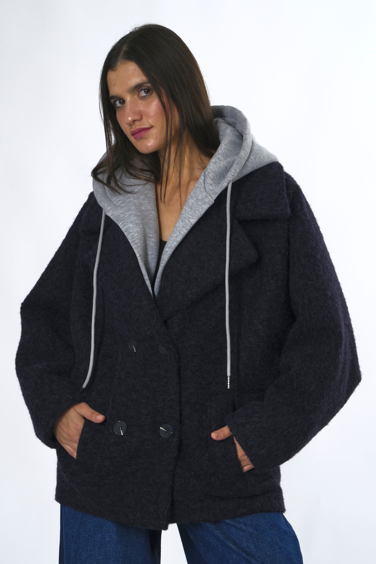 Abbra Kadın Kapişon Detaylı Astarlı Oversize Kaşmir Ceket