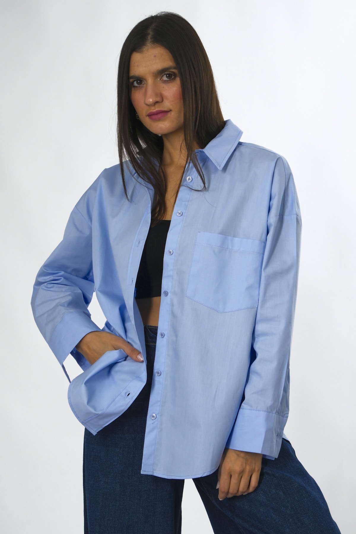 Abbra Kadın %100 Pamuk Tek Cepli Oversize Poplin Gömlek
